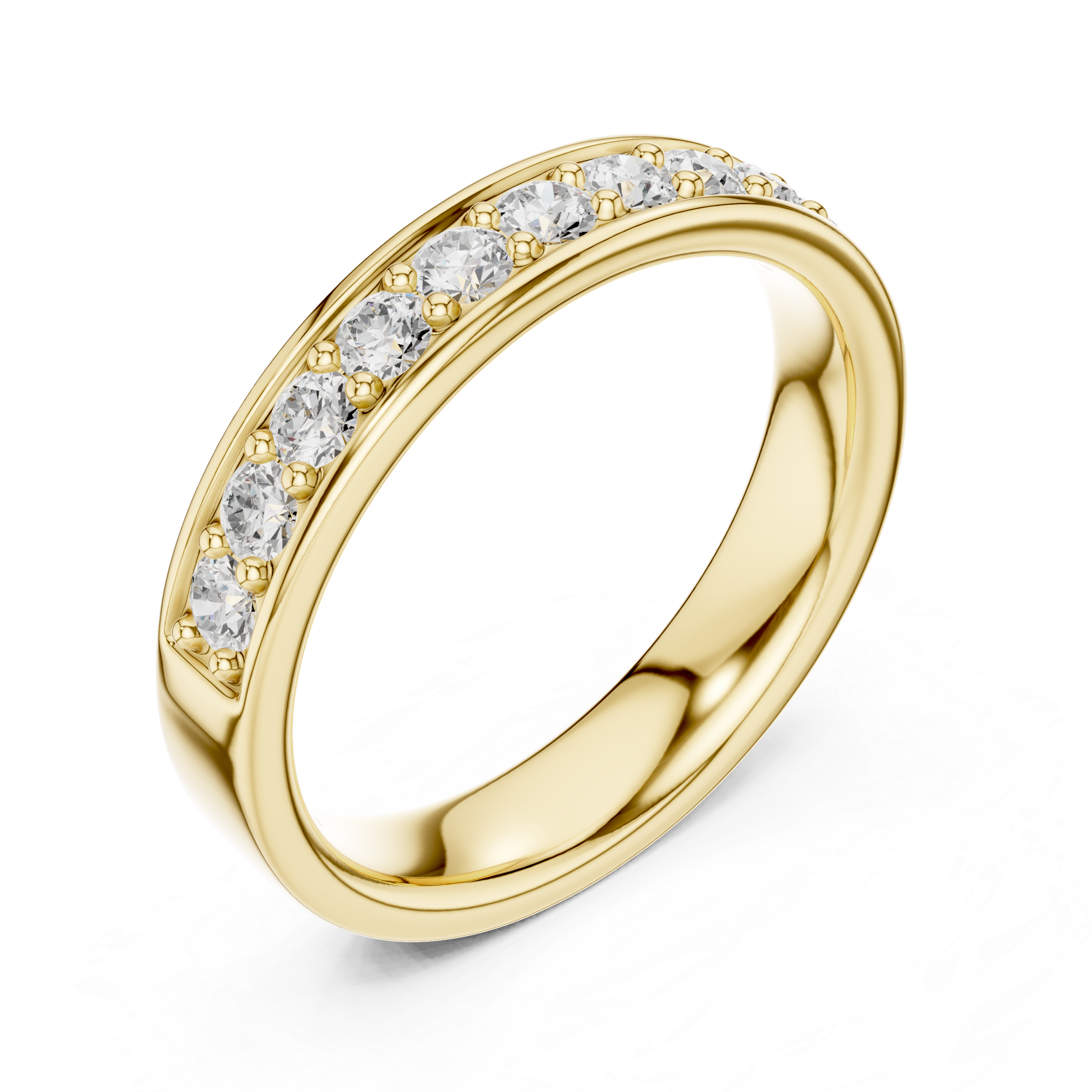 Gold ring with embedded diamonds on a white background
