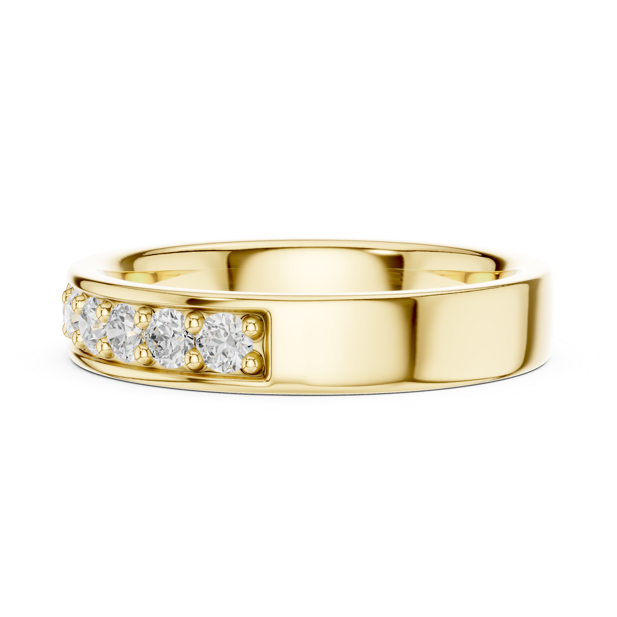 Gold ring with embedded diamonds on a white background