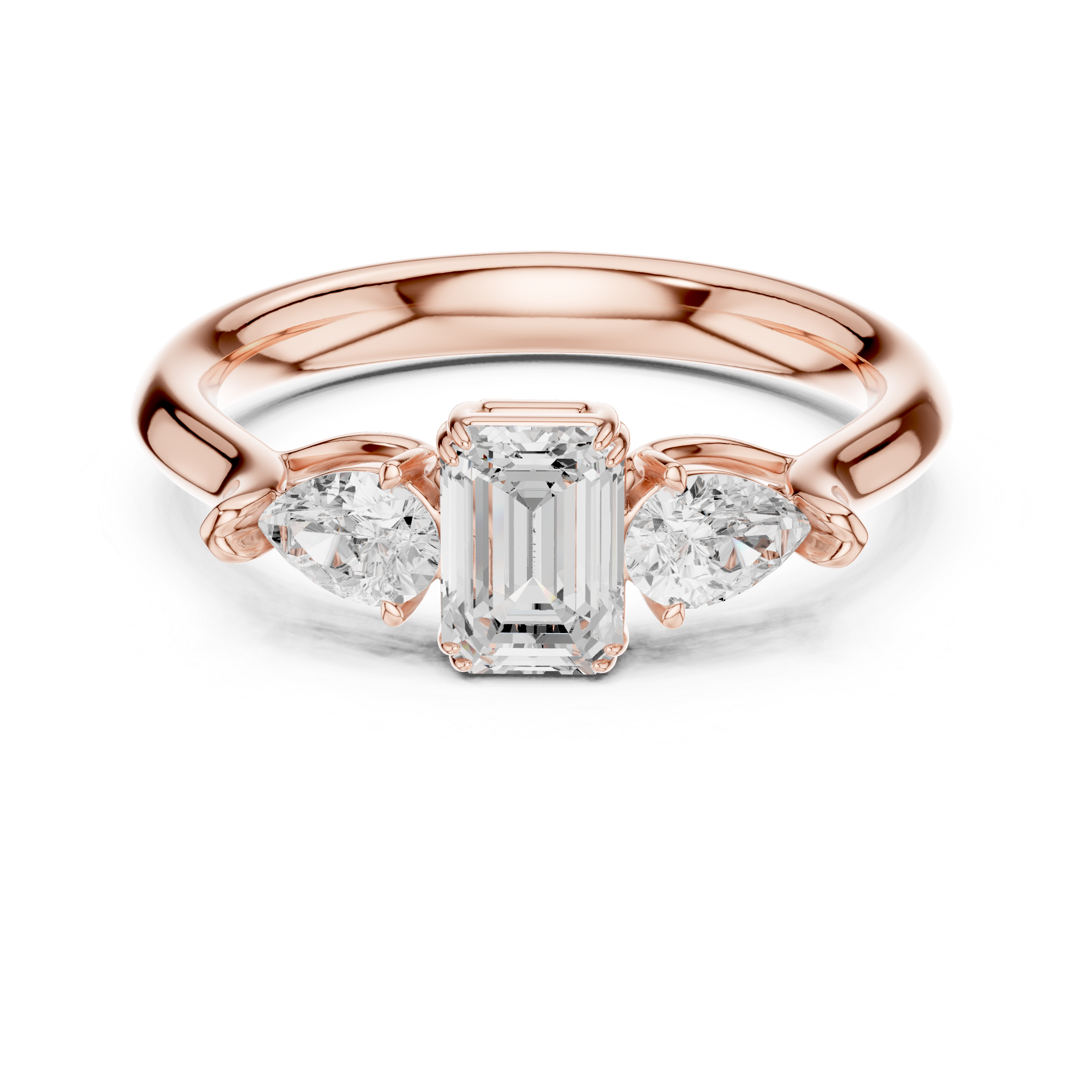 Rose gold ring with three diamonds on a white background