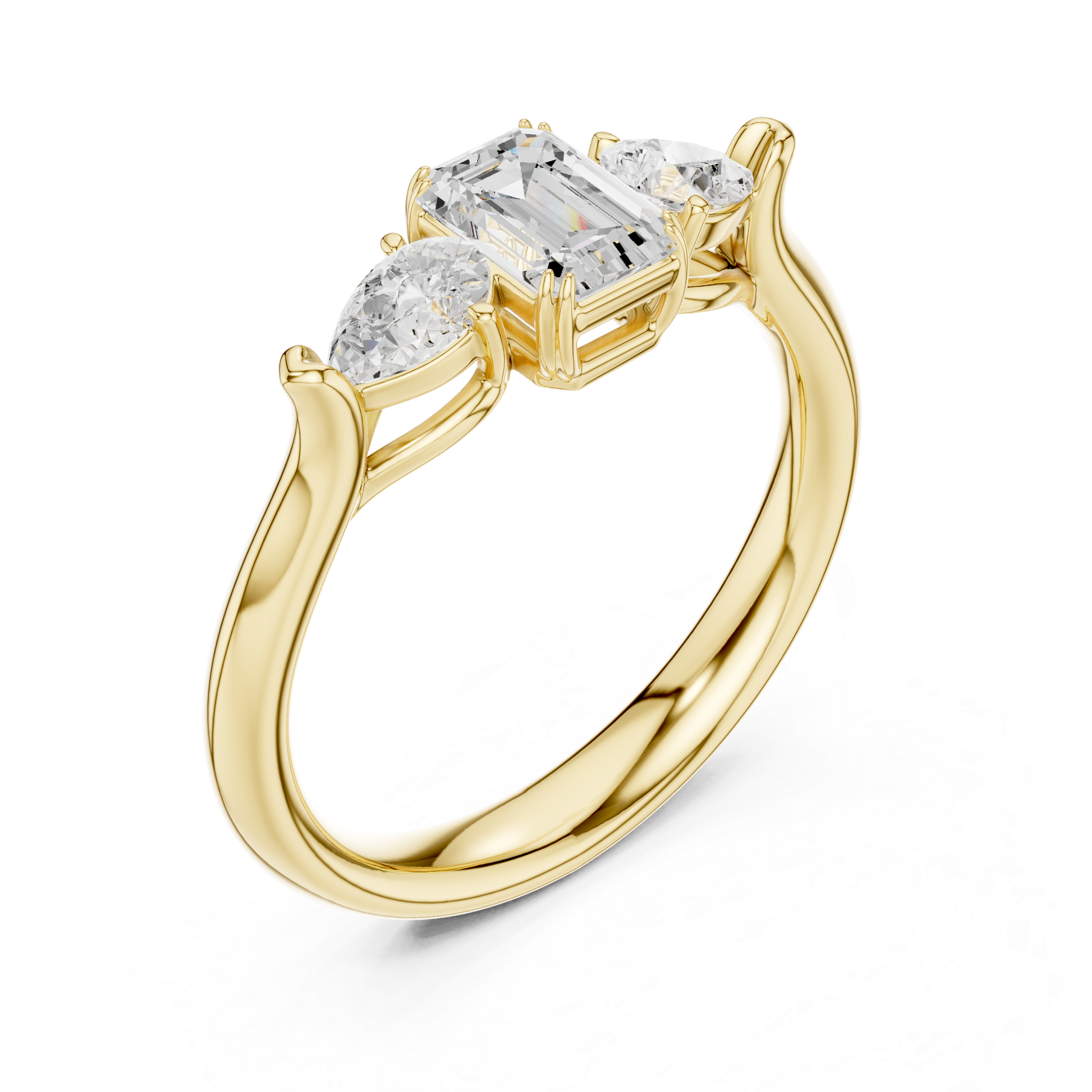 Gold ring with three diamonds on a white background