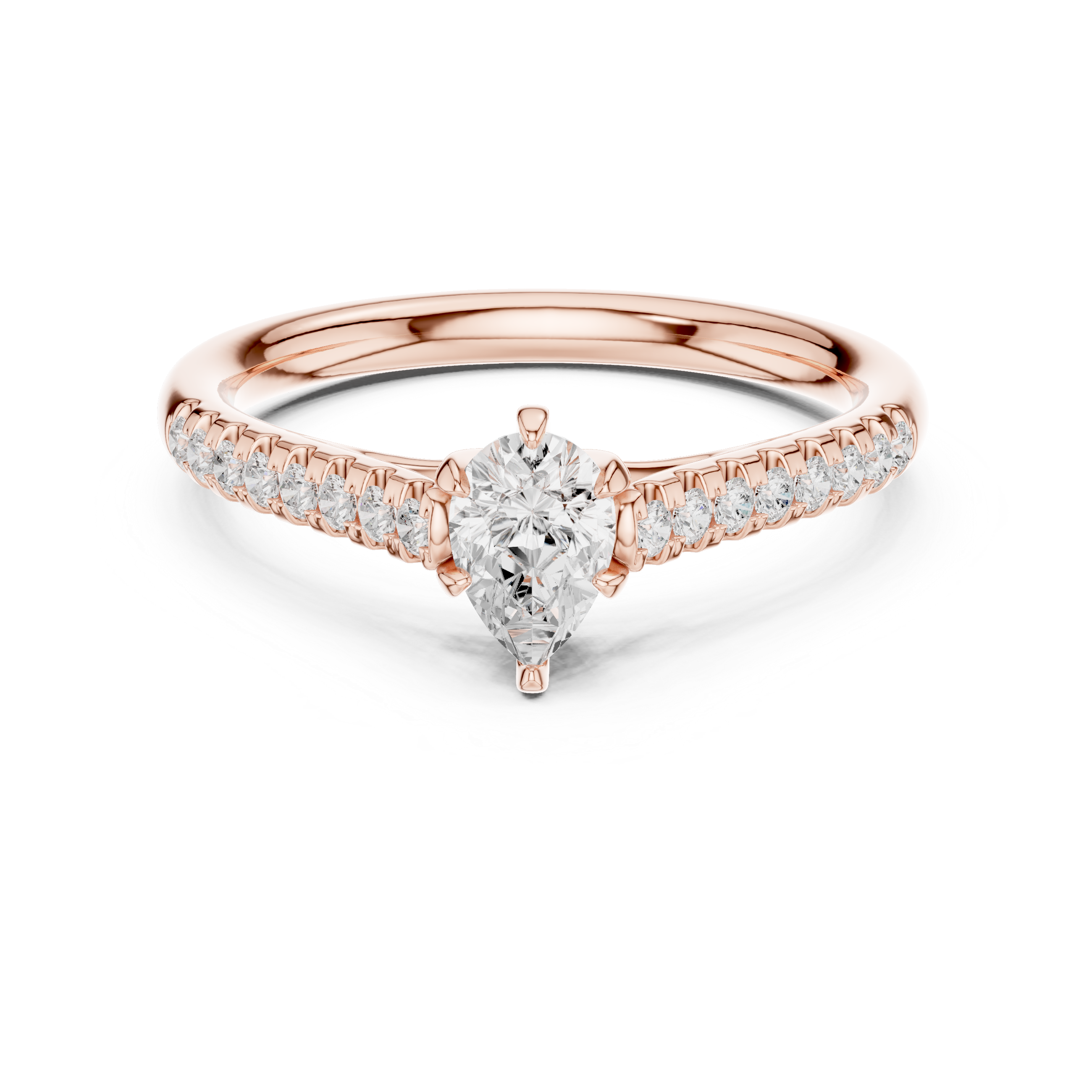 Rose gold ring with a heart-shaped diamond on a white background