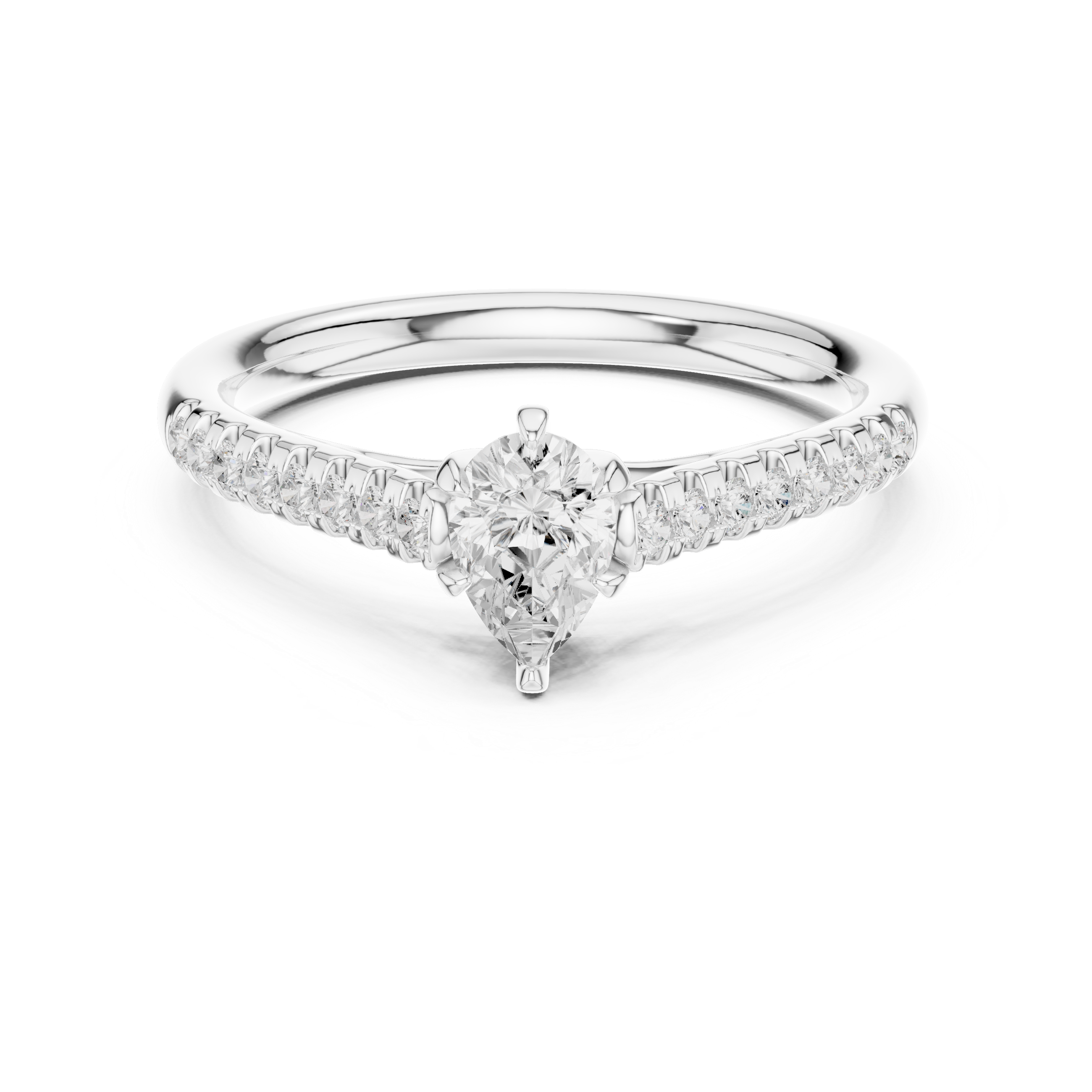 Diamond ring with a central pear-shaped diamond and smaller round diamonds on a white background