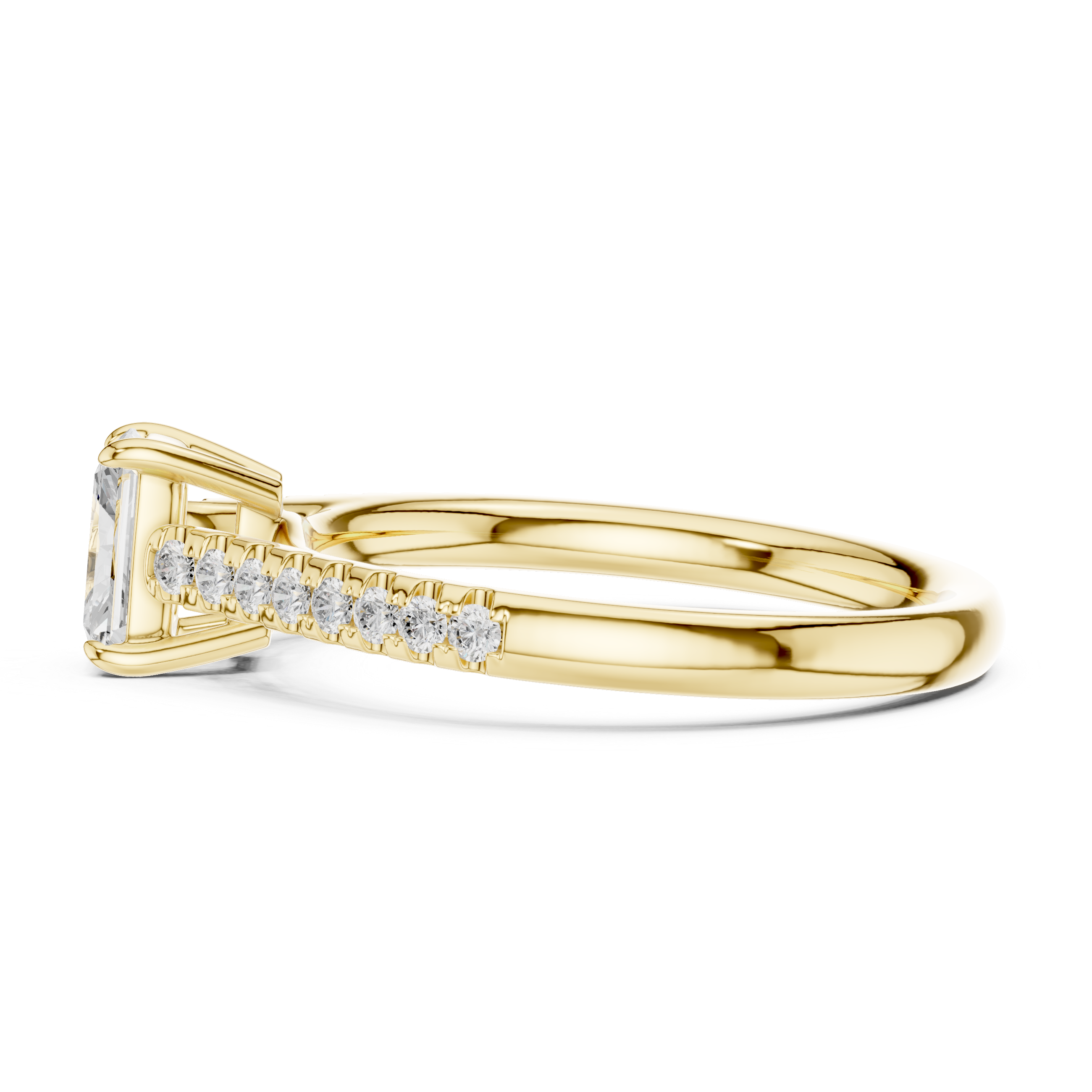 Gold ring with diamond accents on a white background
