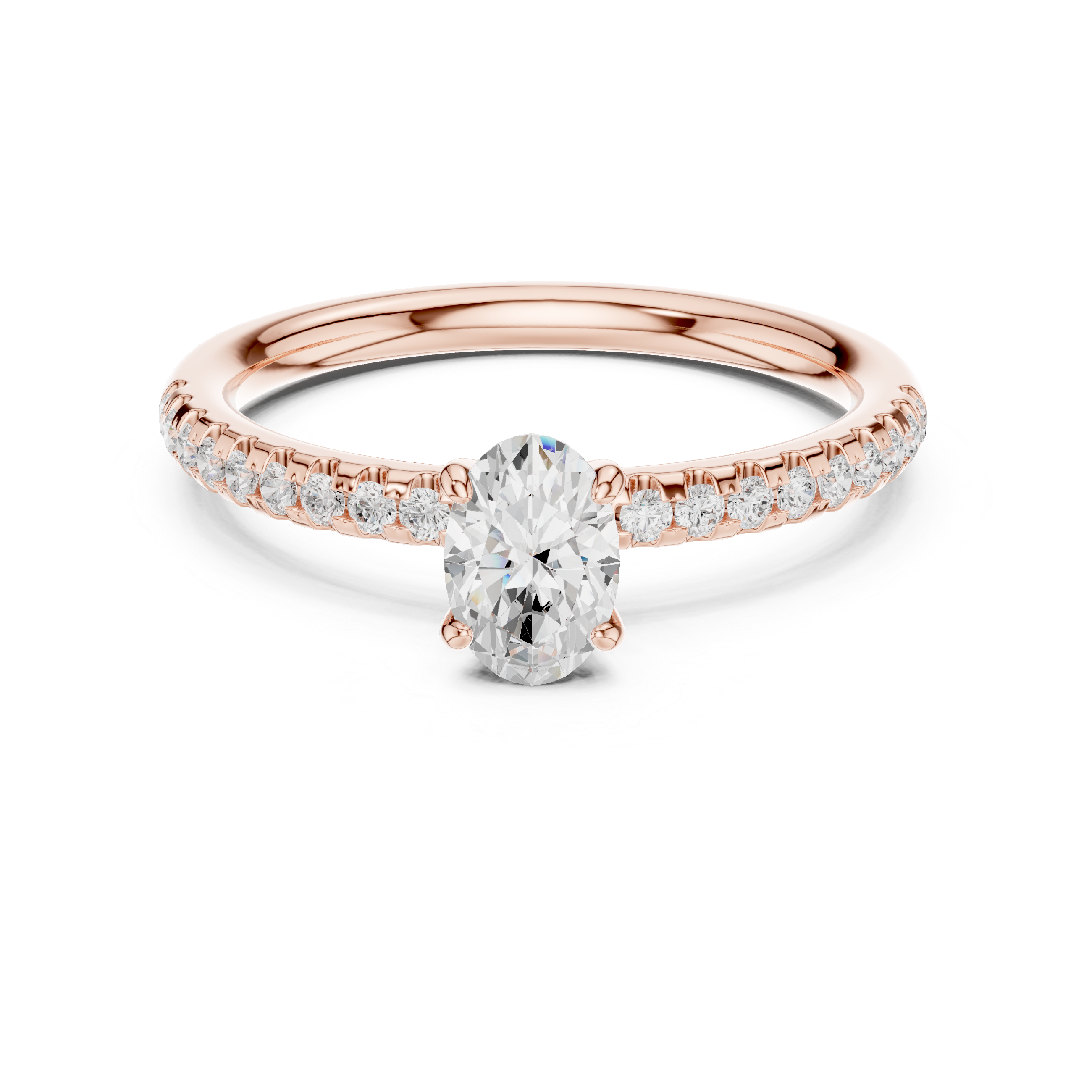 Rose gold ring with a diamond on a white background