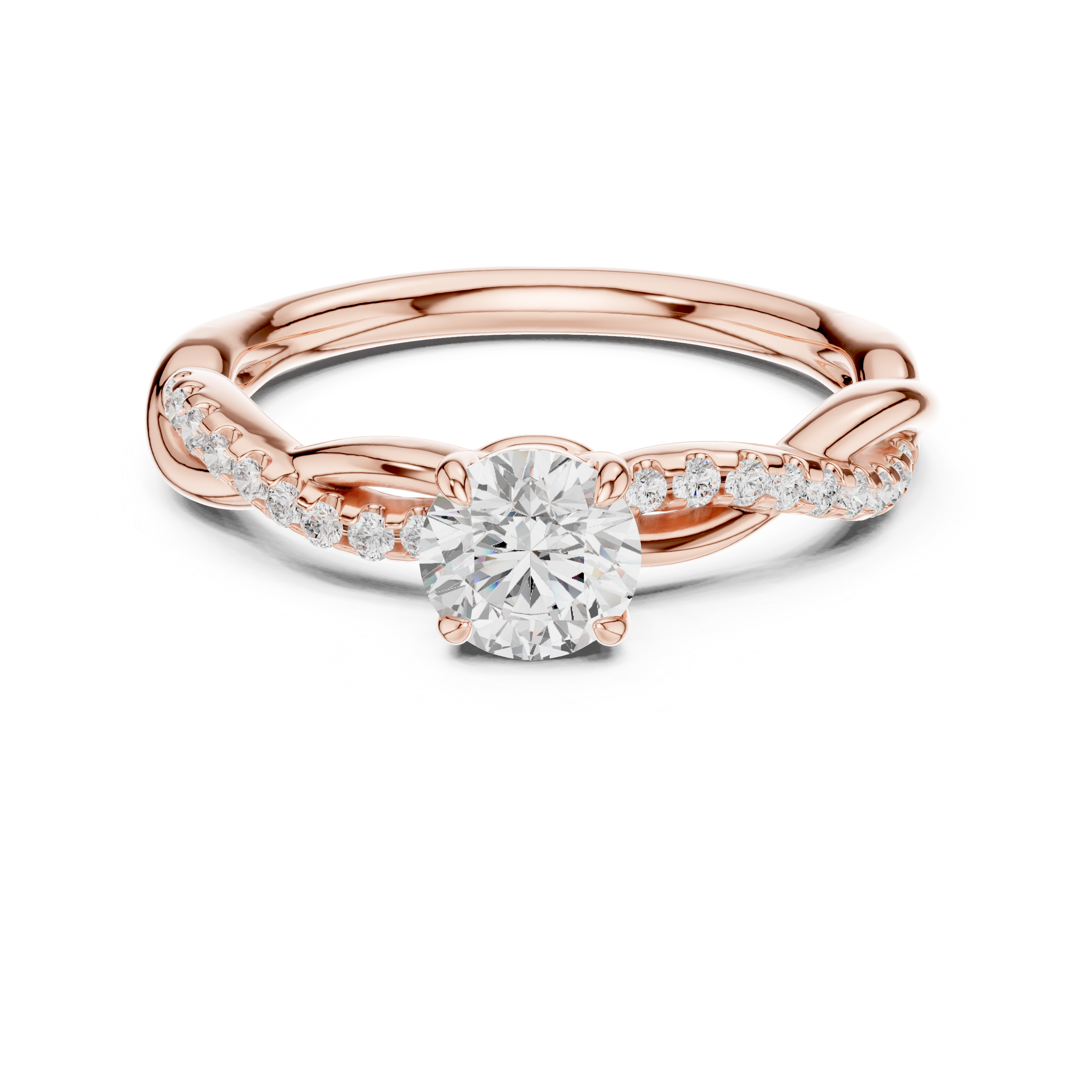 Rose gold ring with a diamond on a white background