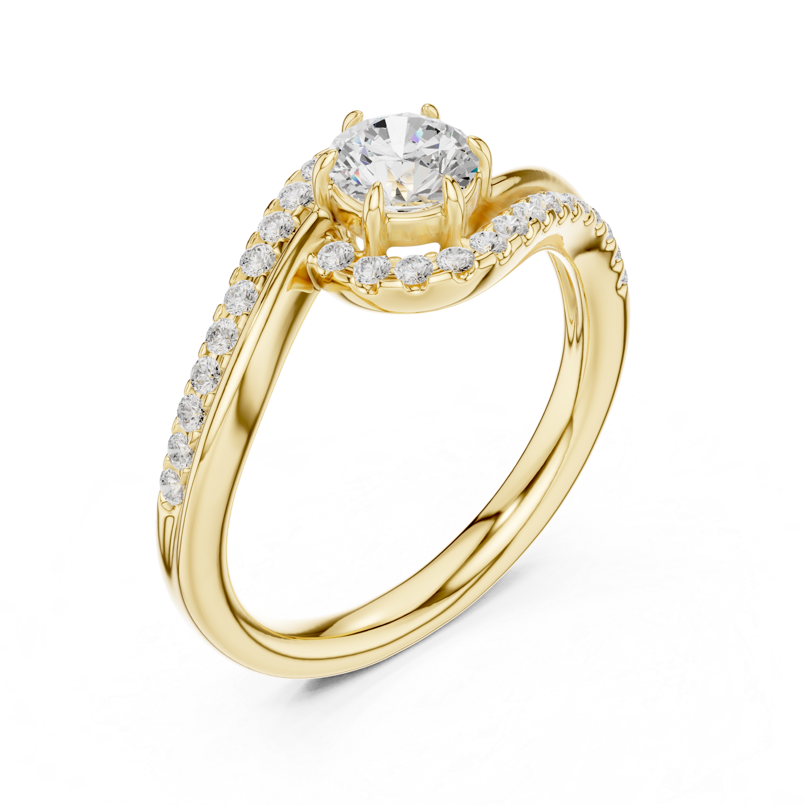 Gold ring with a diamond on a white background