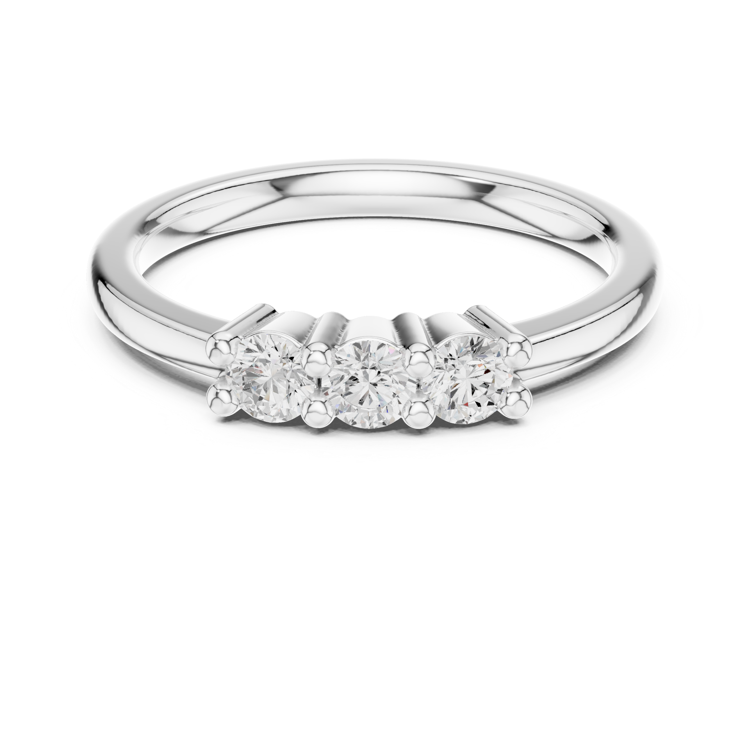 Silver ring with three diamonds on a white background