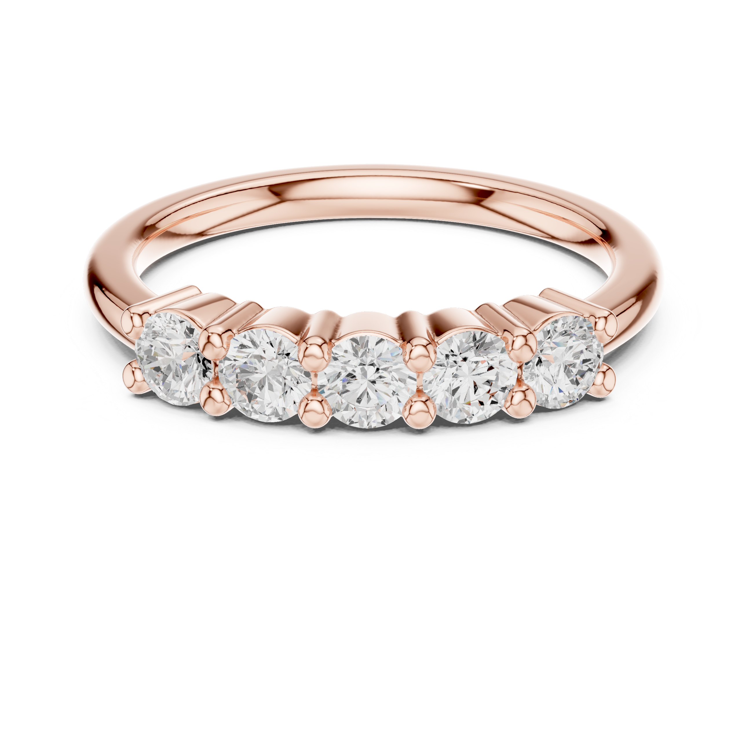 Rose gold ring with five diamonds on a white background