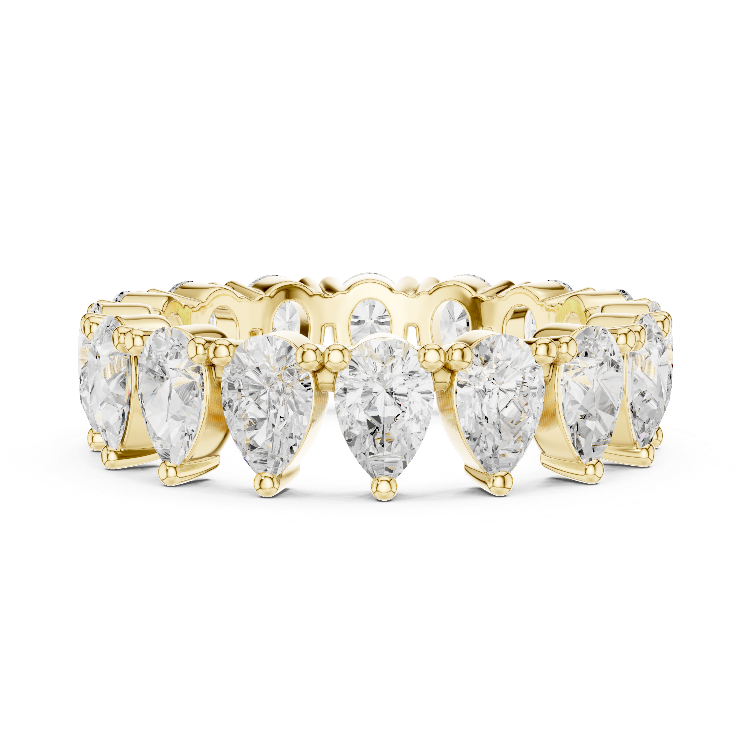 Gold ring with pear-shaped diamonds on a white background