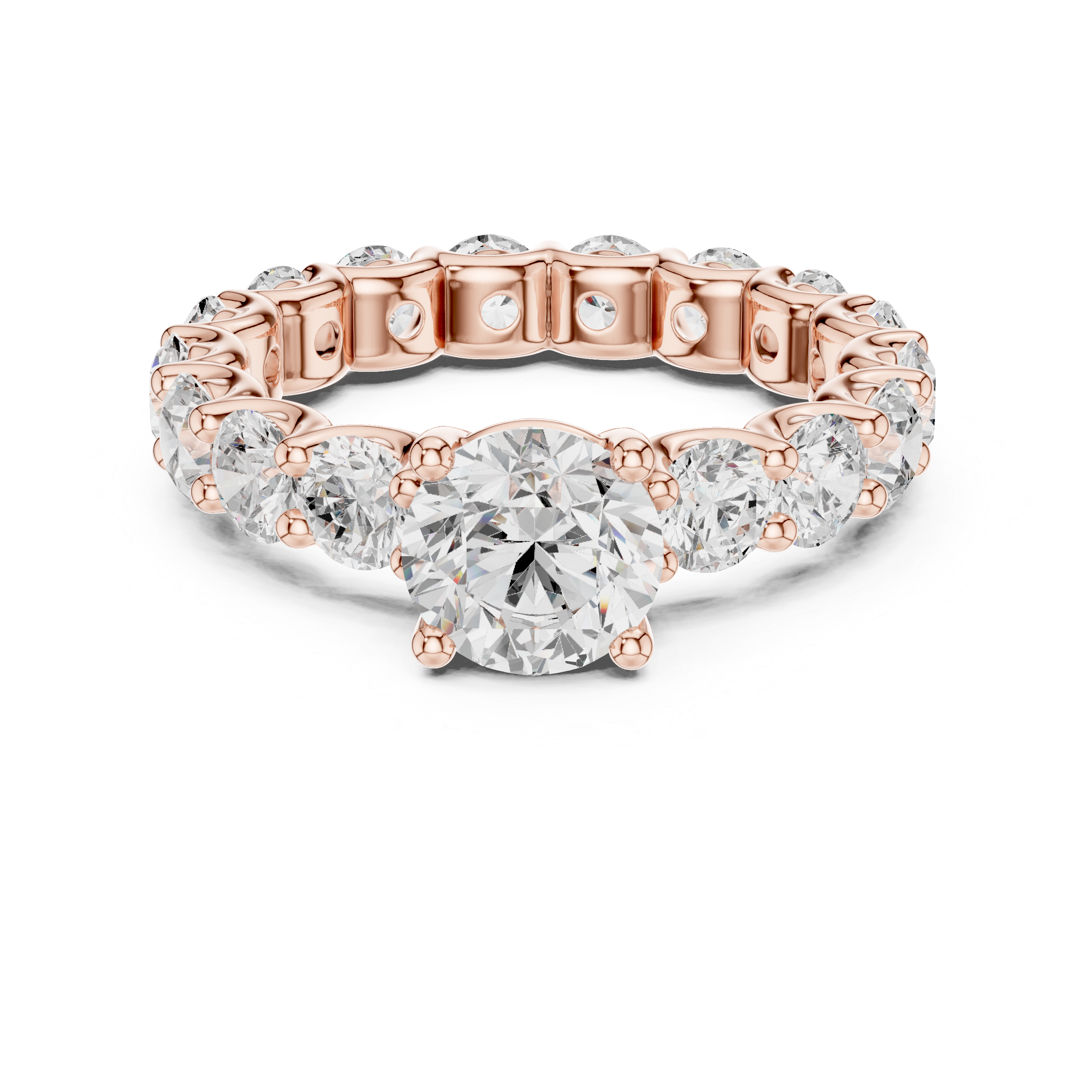 Rose gold ring with diamonds on a white background