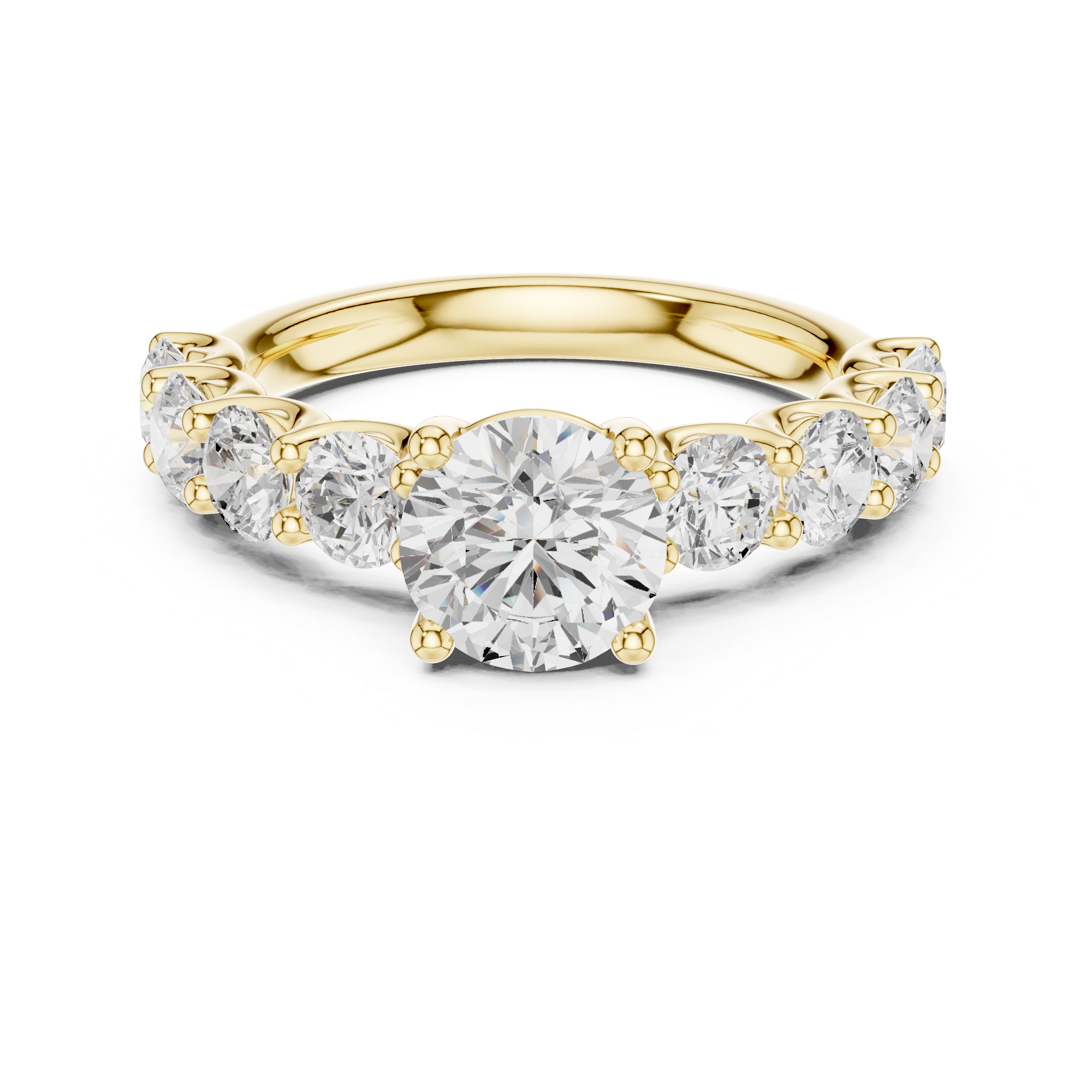 Gold ring with a central diamond and smaller diamonds on the sides against a white background