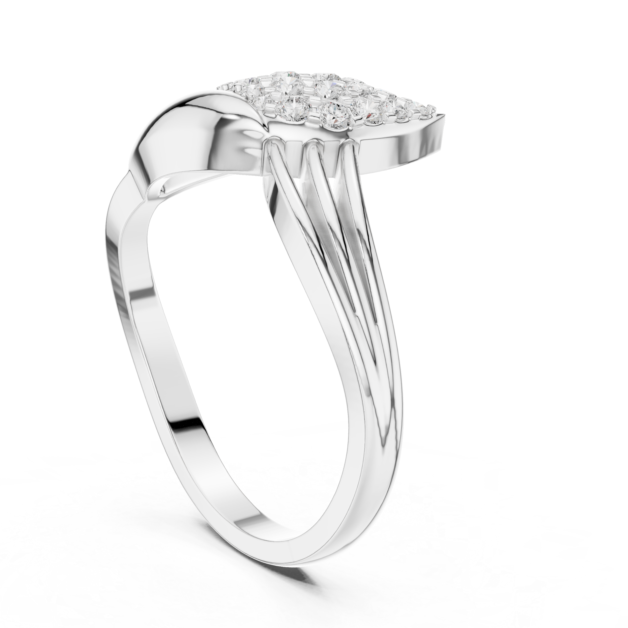 Silver ring with diamond accents on a white background