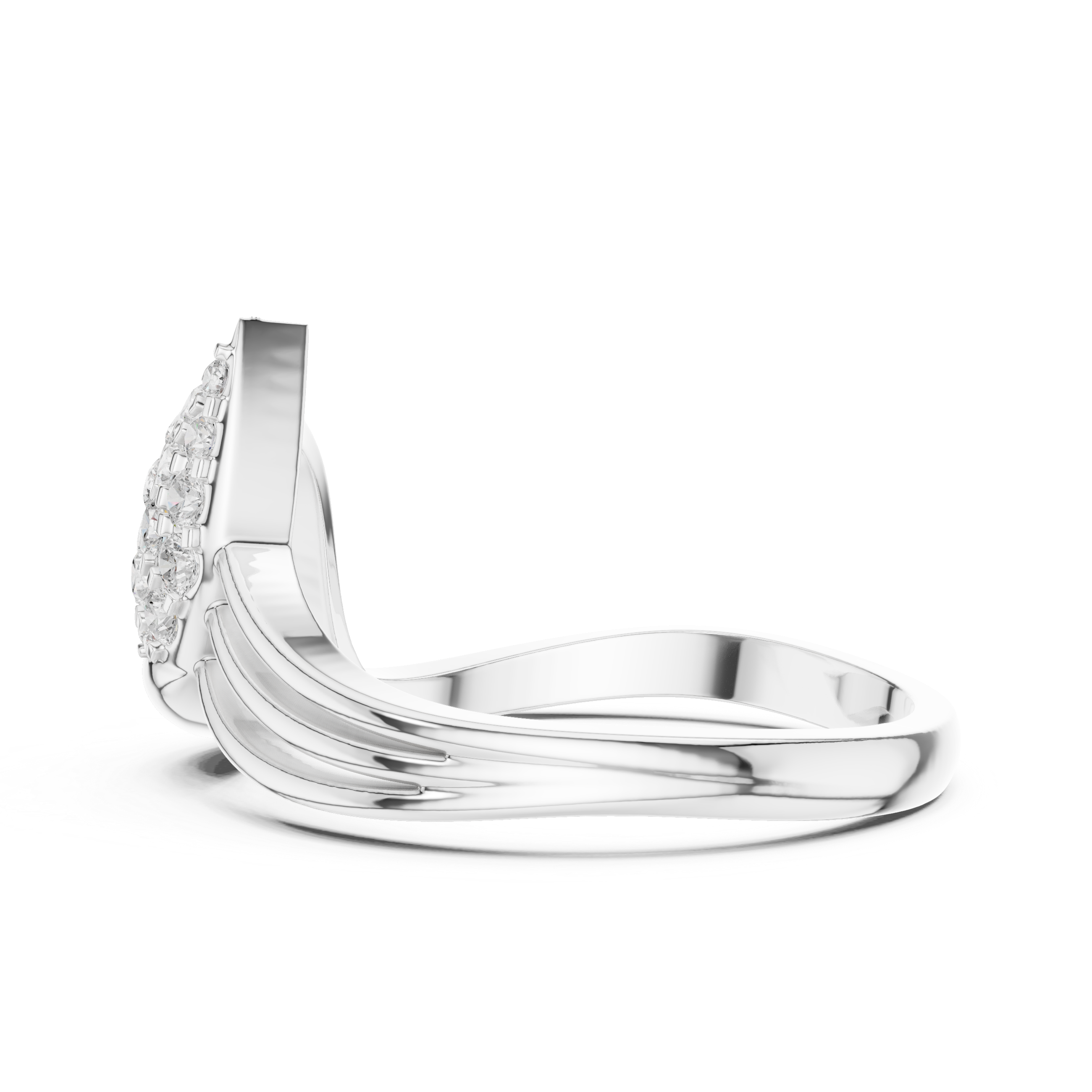 Silver ring with a curved design and small diamonds on a white background