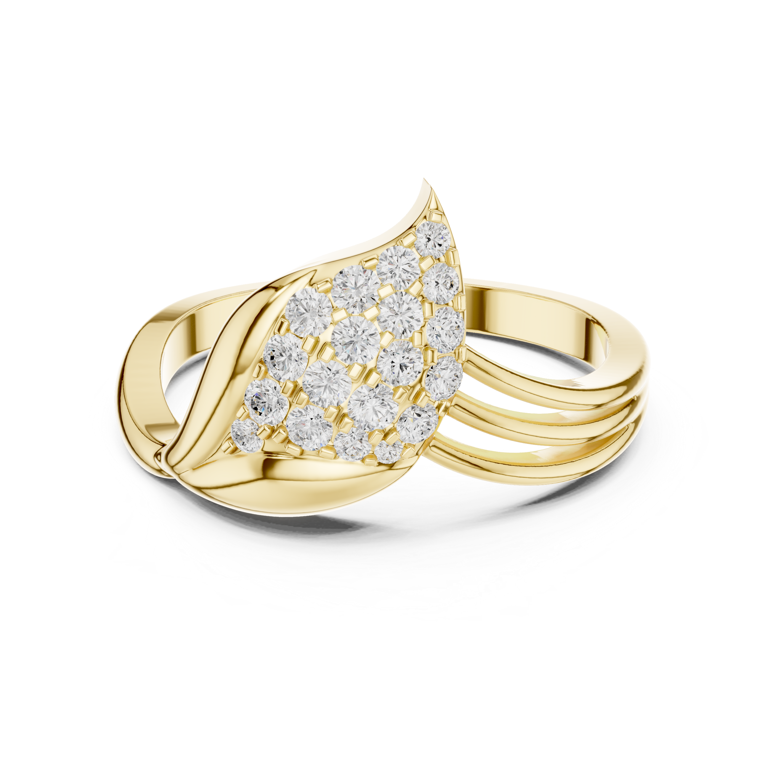 Gold ring with diamond accents on a white background