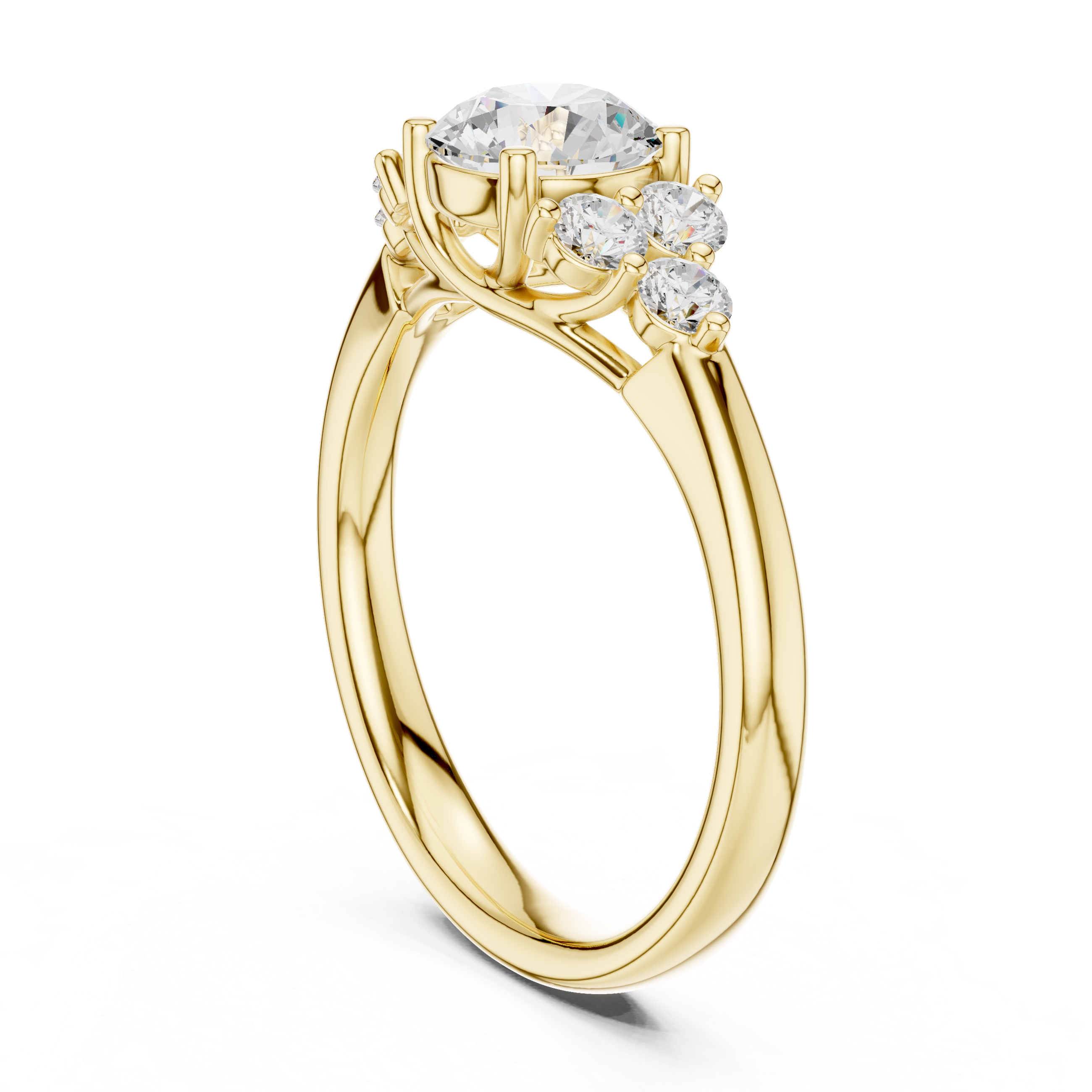 Gold ring with a central diamond and smaller stones on a white background