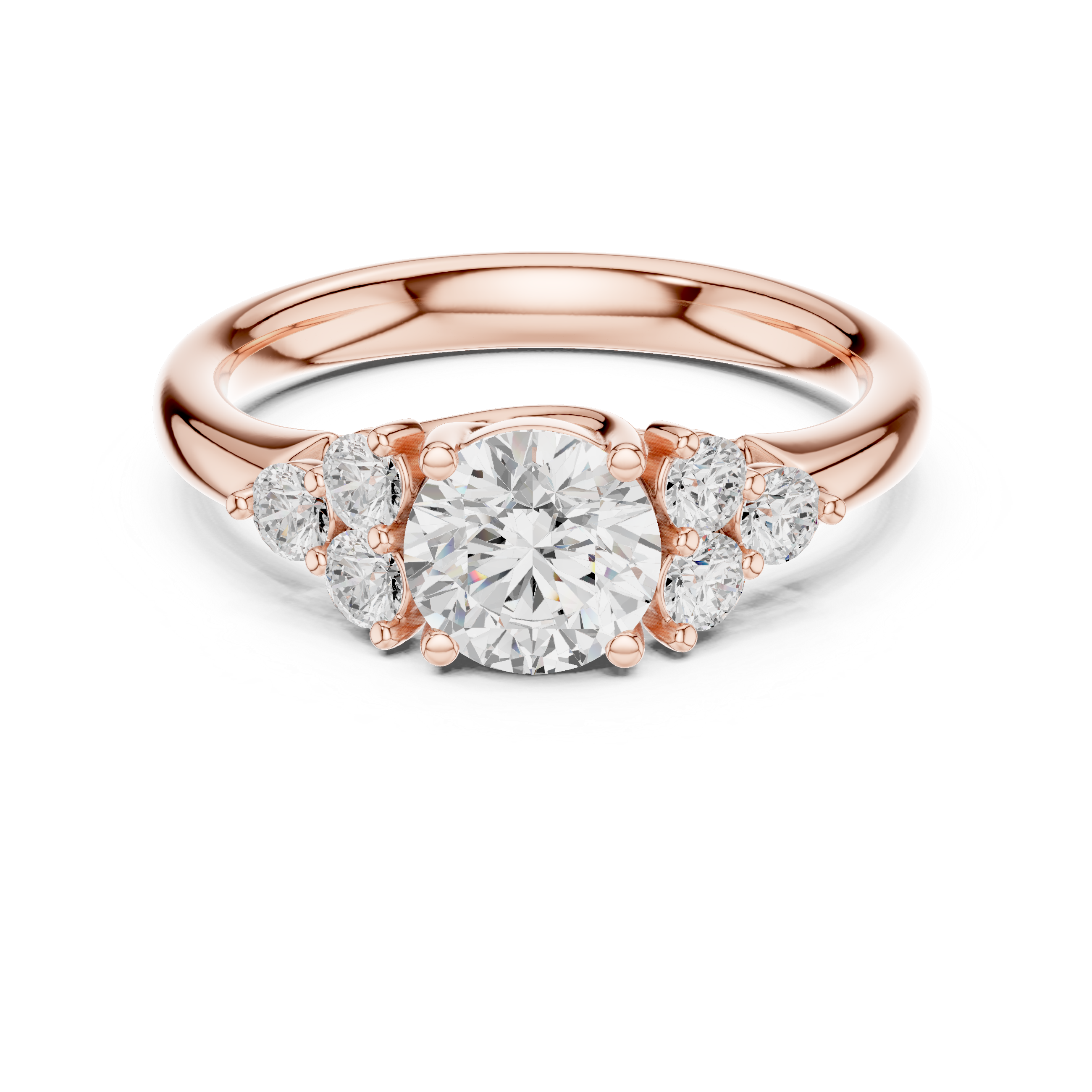 Rose gold ring with a central diamond and two smaller diamonds on a white background
