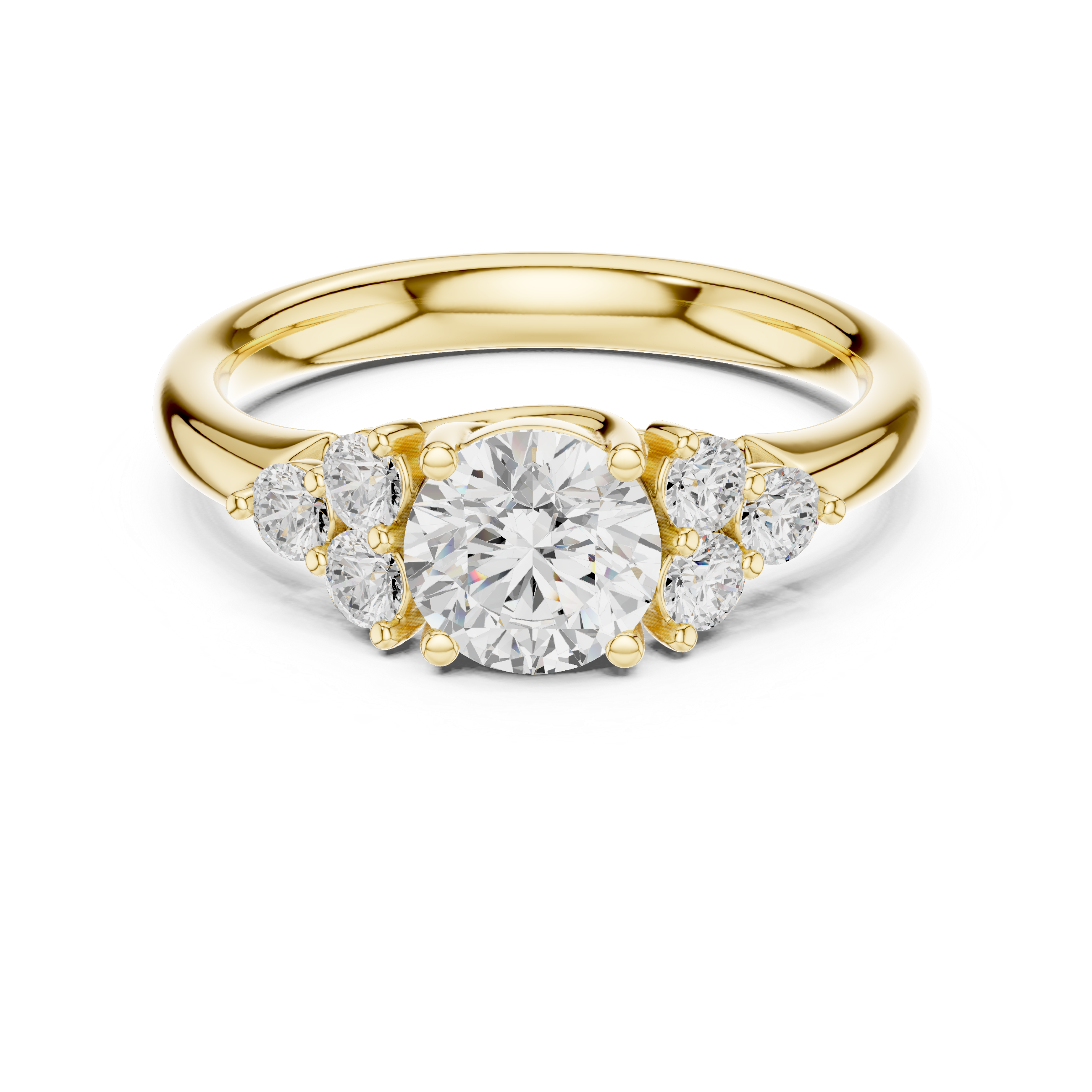 Gold ring with a central diamond and smaller diamonds on a white background