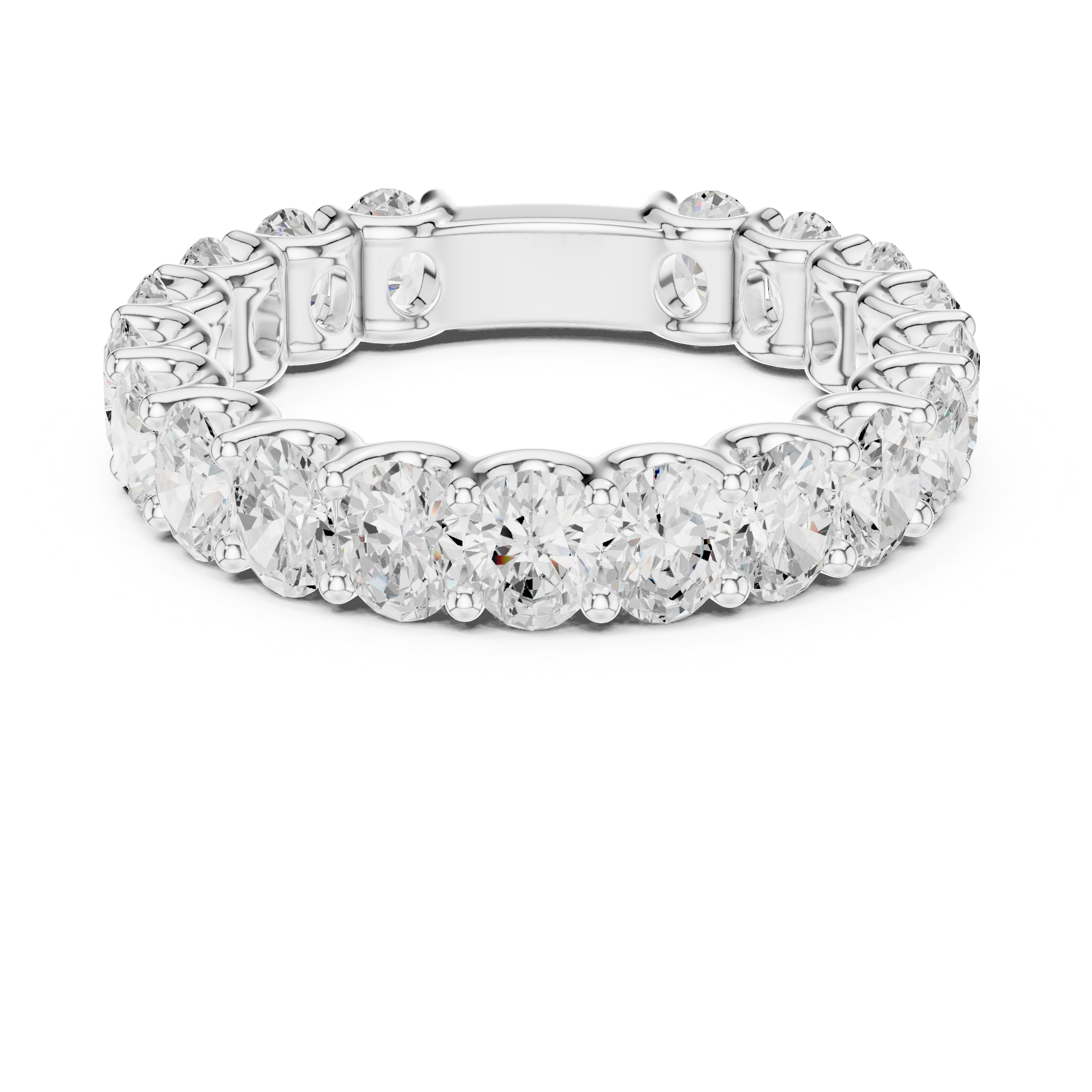Silver ring with diamond-like stones on a white background