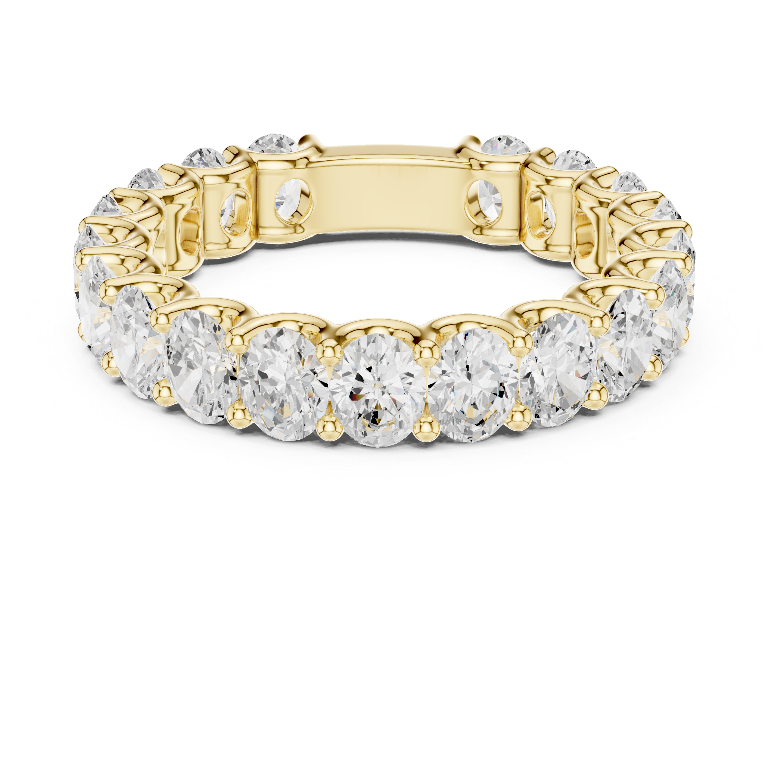 Gold ring with clear gemstones on a white background