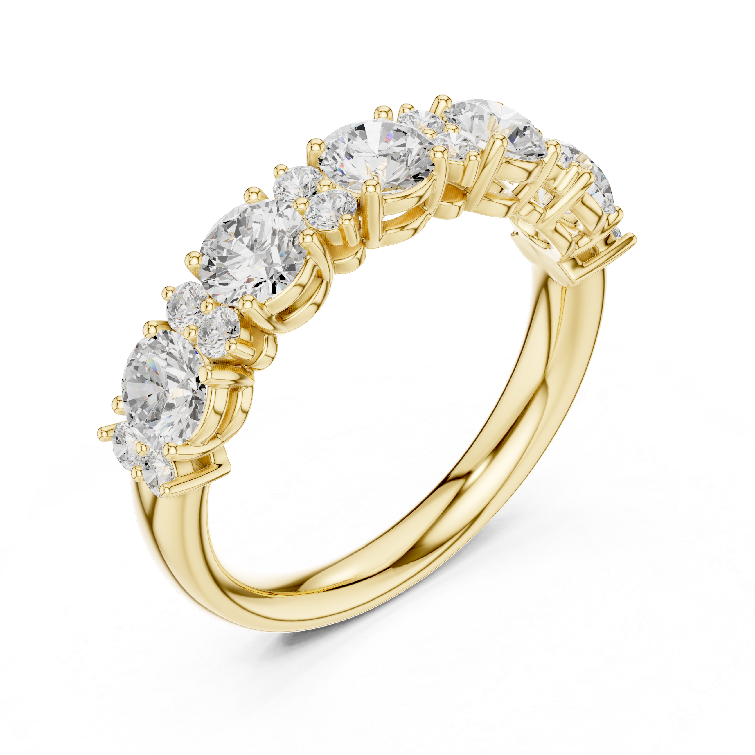Gold ring with clear gemstones on a white background