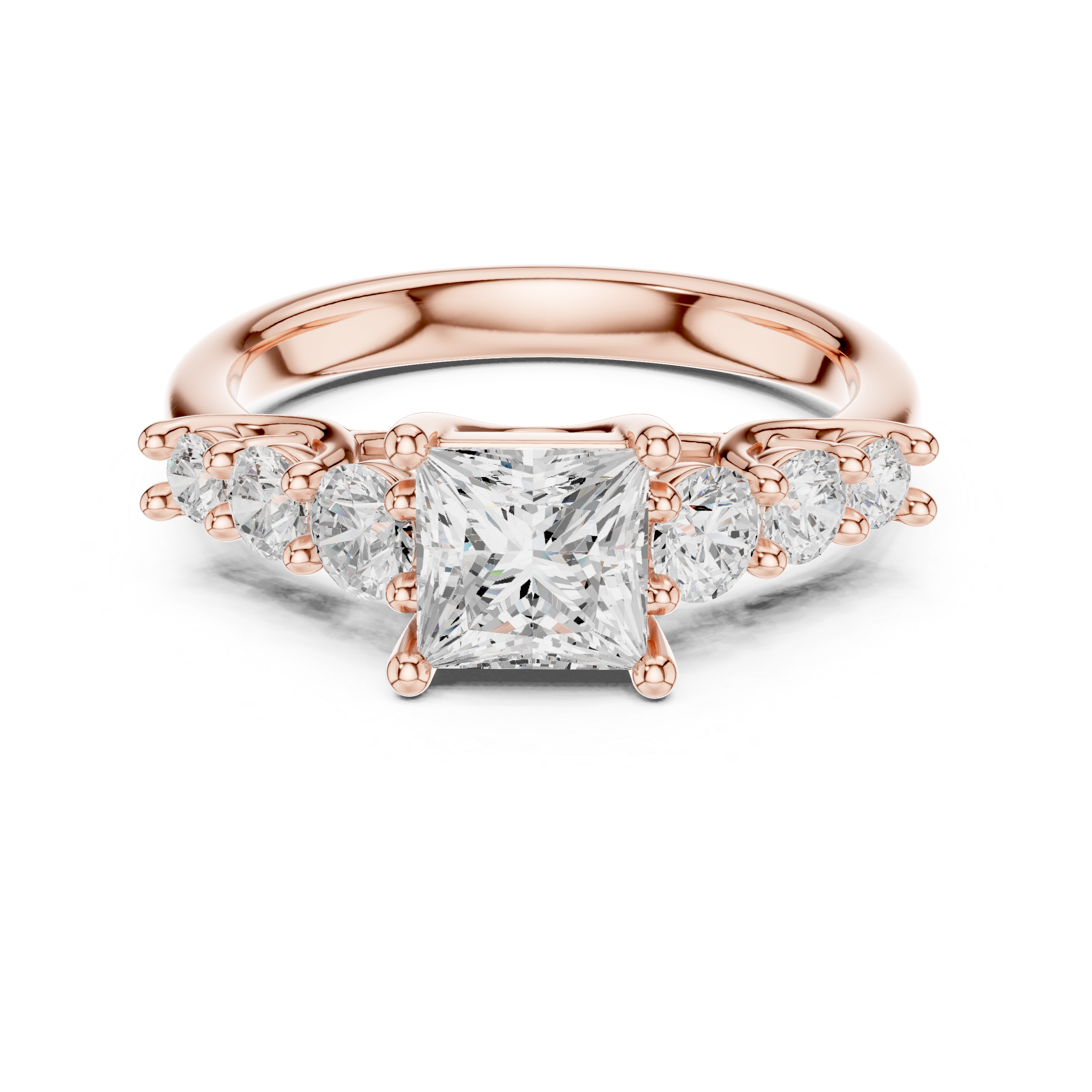 Rose gold ring with a central diamond and smaller diamonds on a white background
