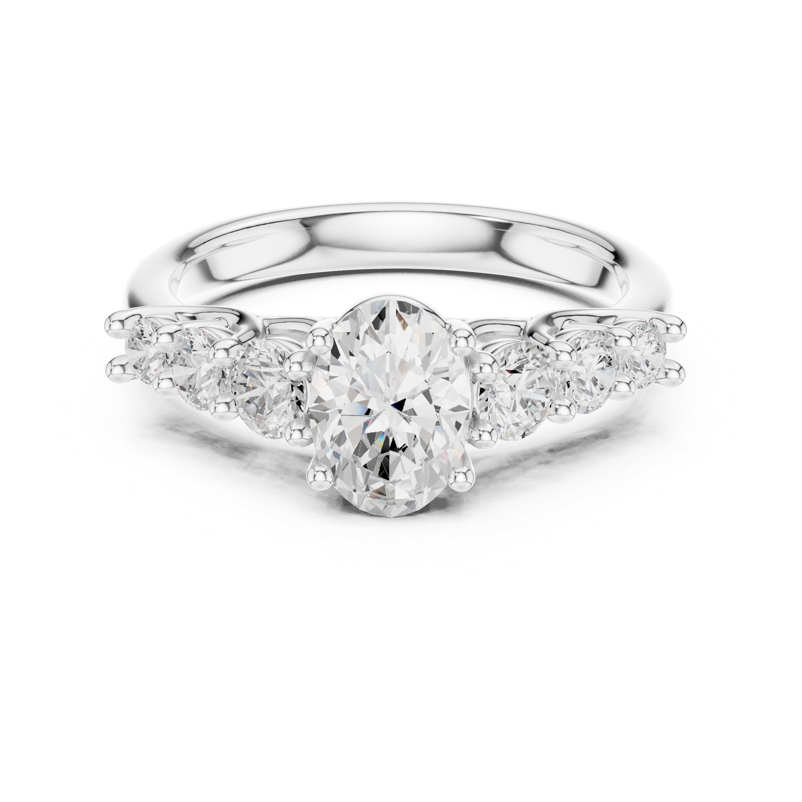 Diamond ring with a pear-shaped center stone on a white background