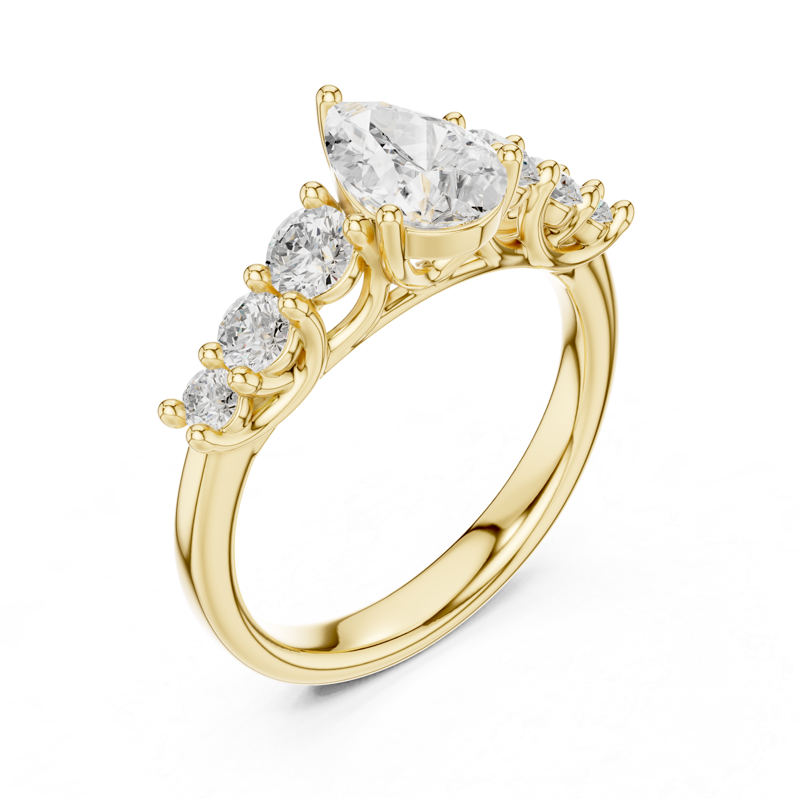 Gold ring with clear gemstones on a white background