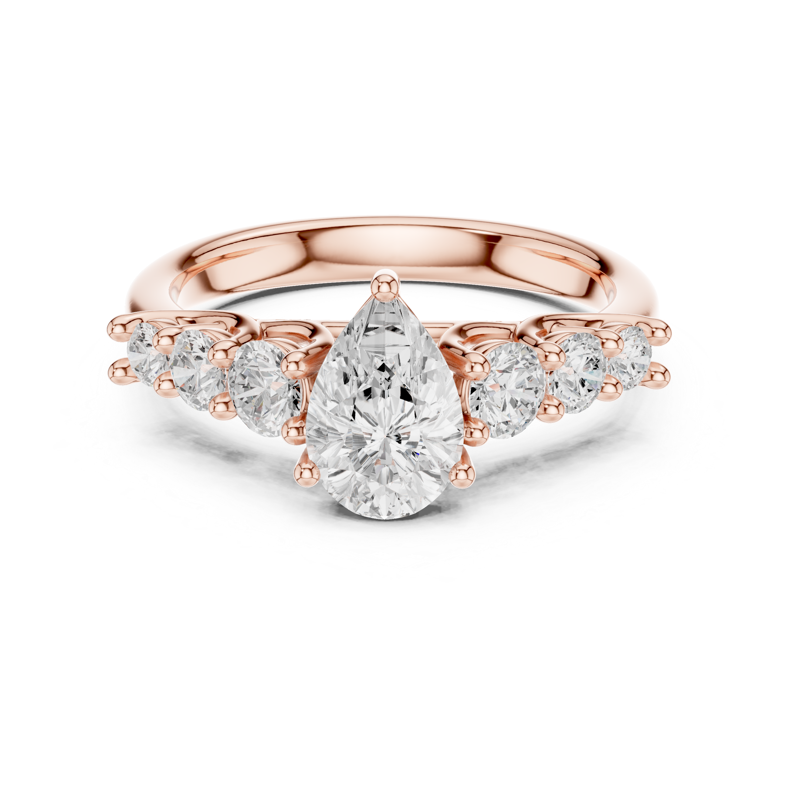 Rose gold ring with a pear-shaped diamond on a white background