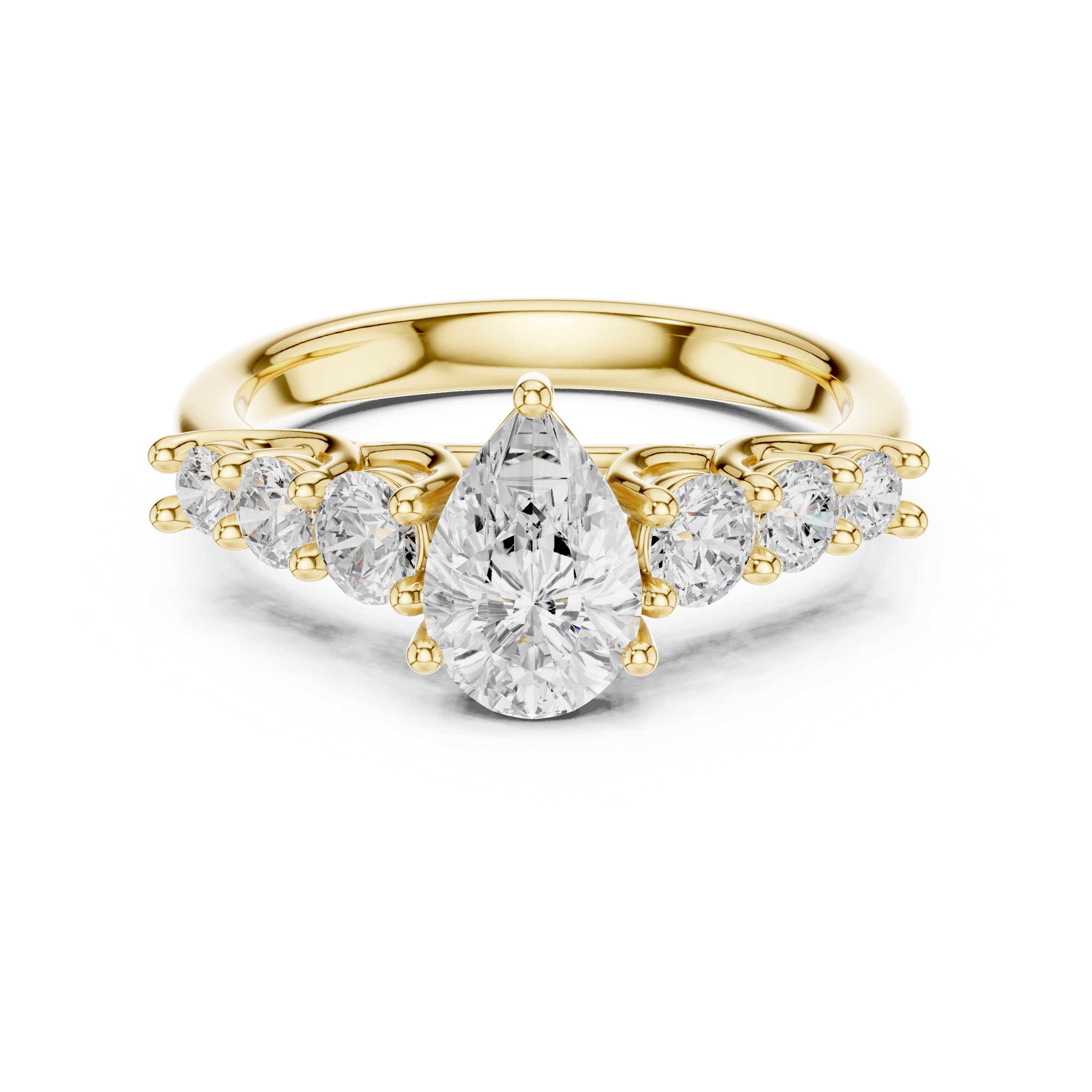 Gold ring with a central pear-shaped diamond and smaller diamonds on a white background