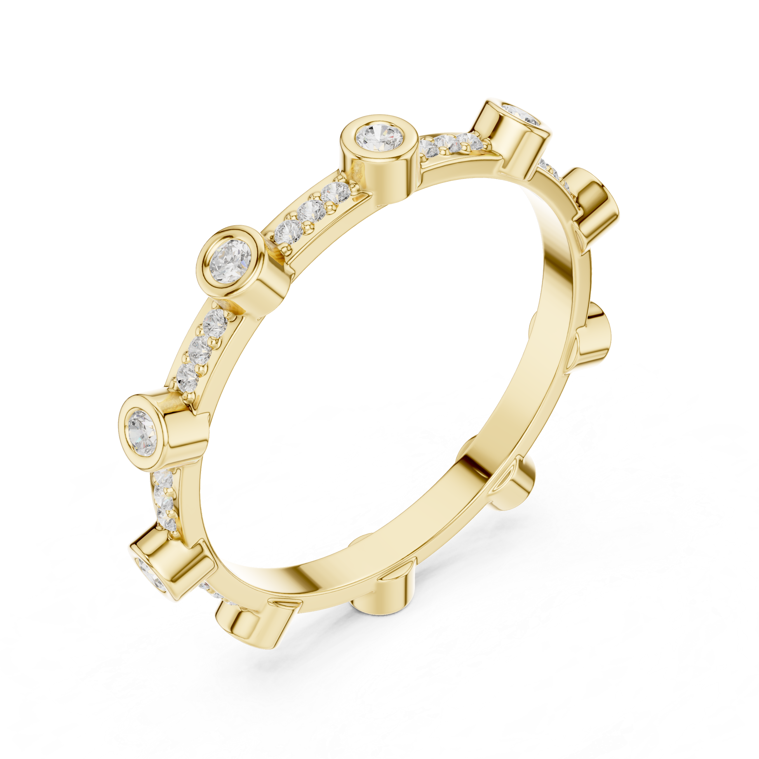 Gold ring with diamond accents on a white background