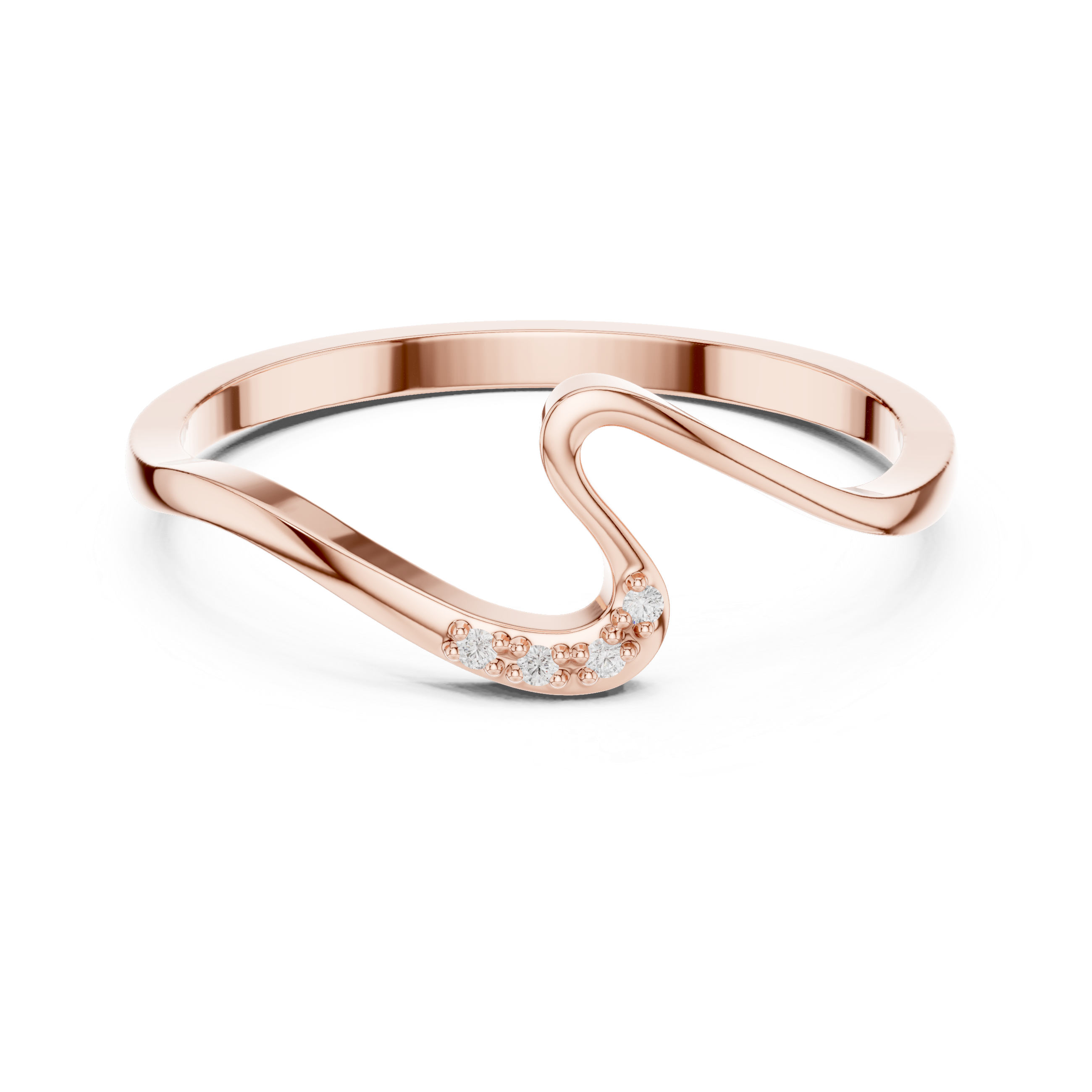 Rose gold ring with small diamonds on a white background