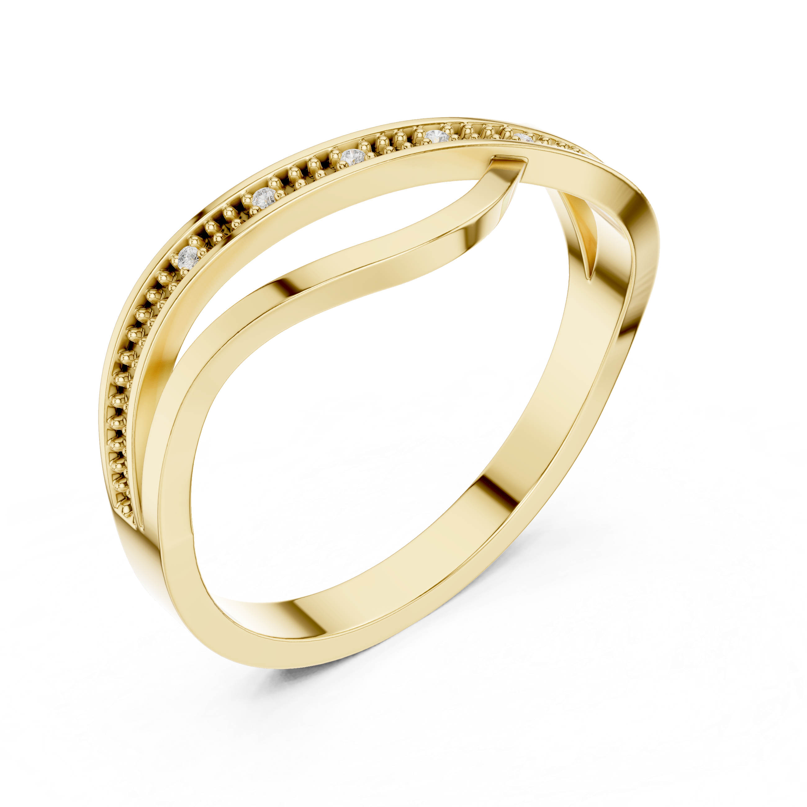 Gold ring with small diamonds on a white background