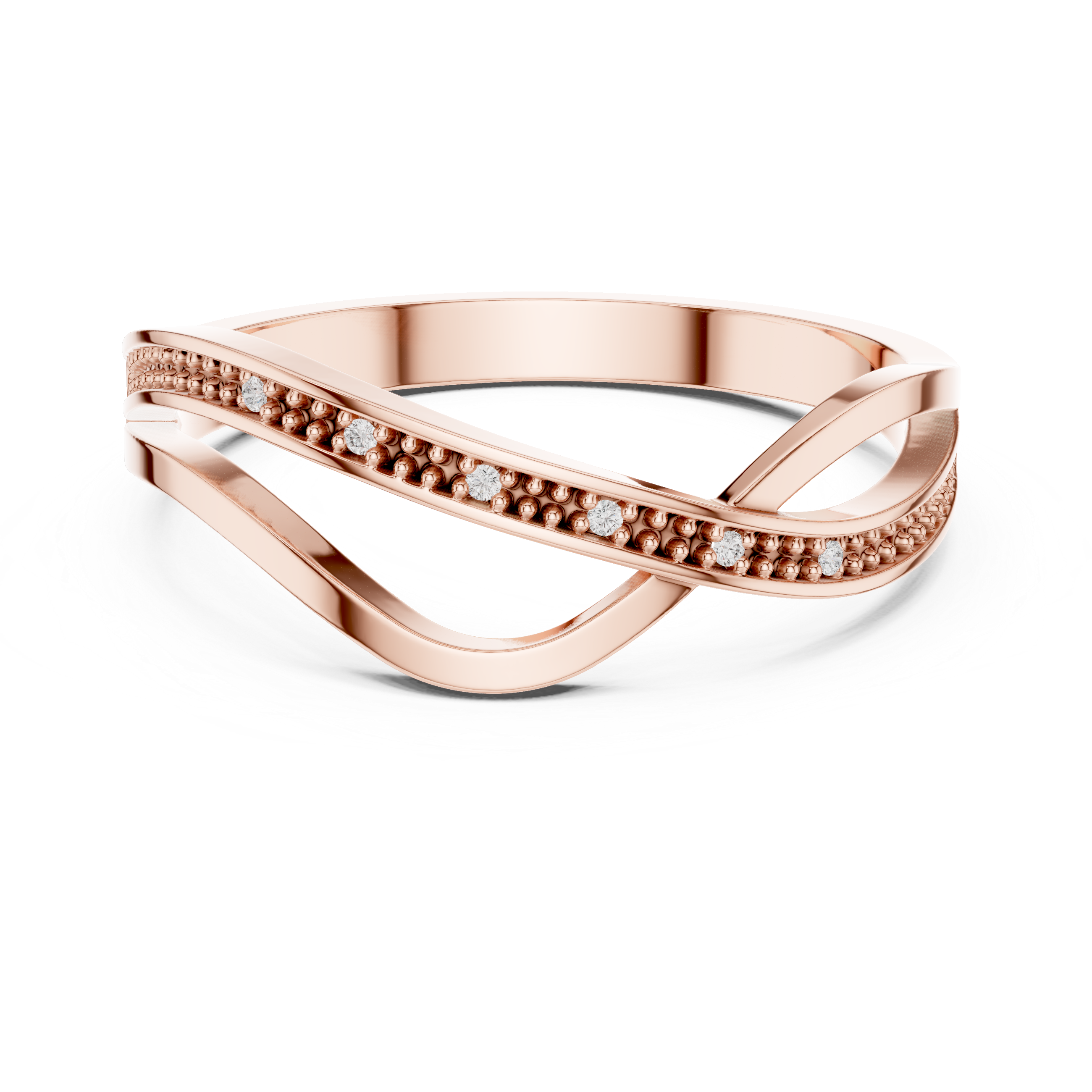 Rose gold ring with diamond accents on a white background