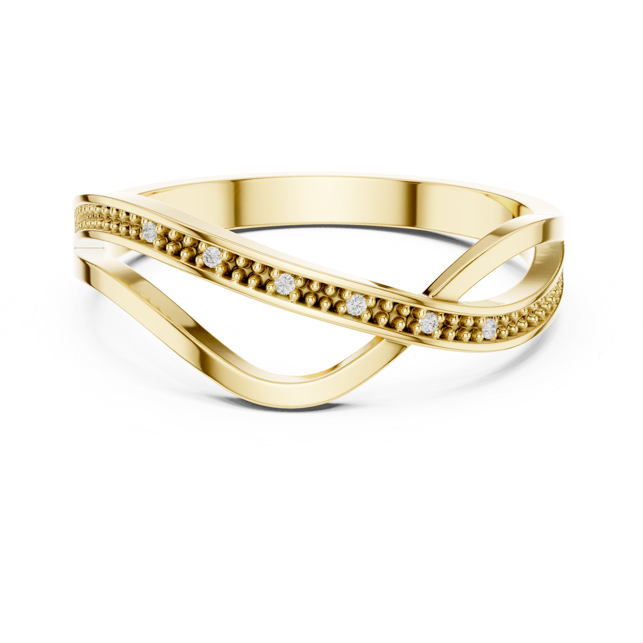 Gold ring with diamond accents on a white background