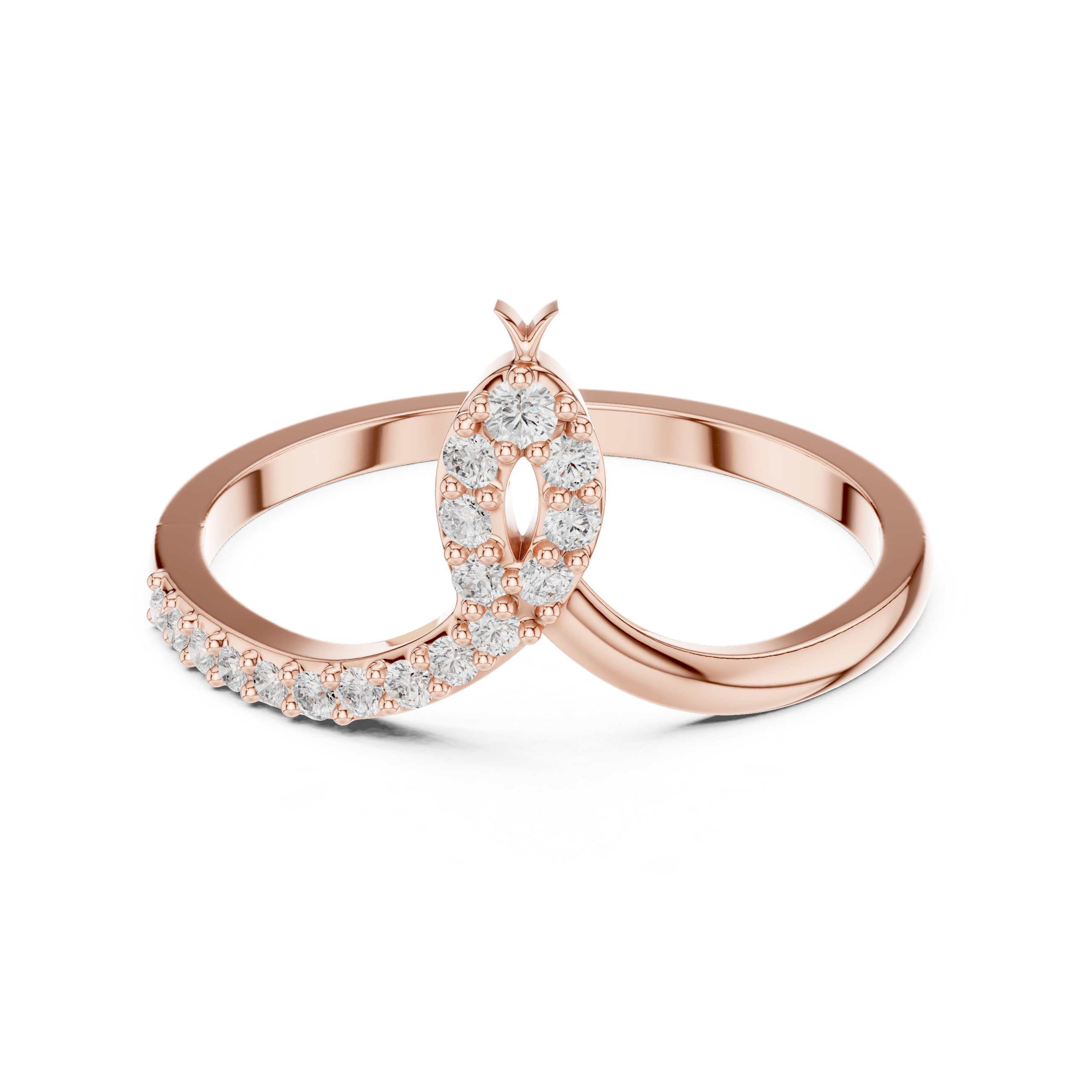 Rose gold ring with diamond accents on a white background