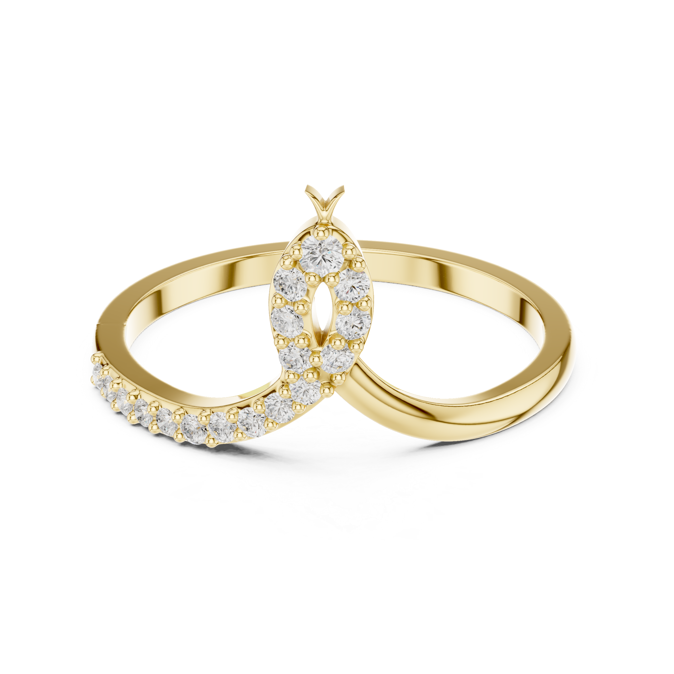 Gold ring with diamond accents on a white background