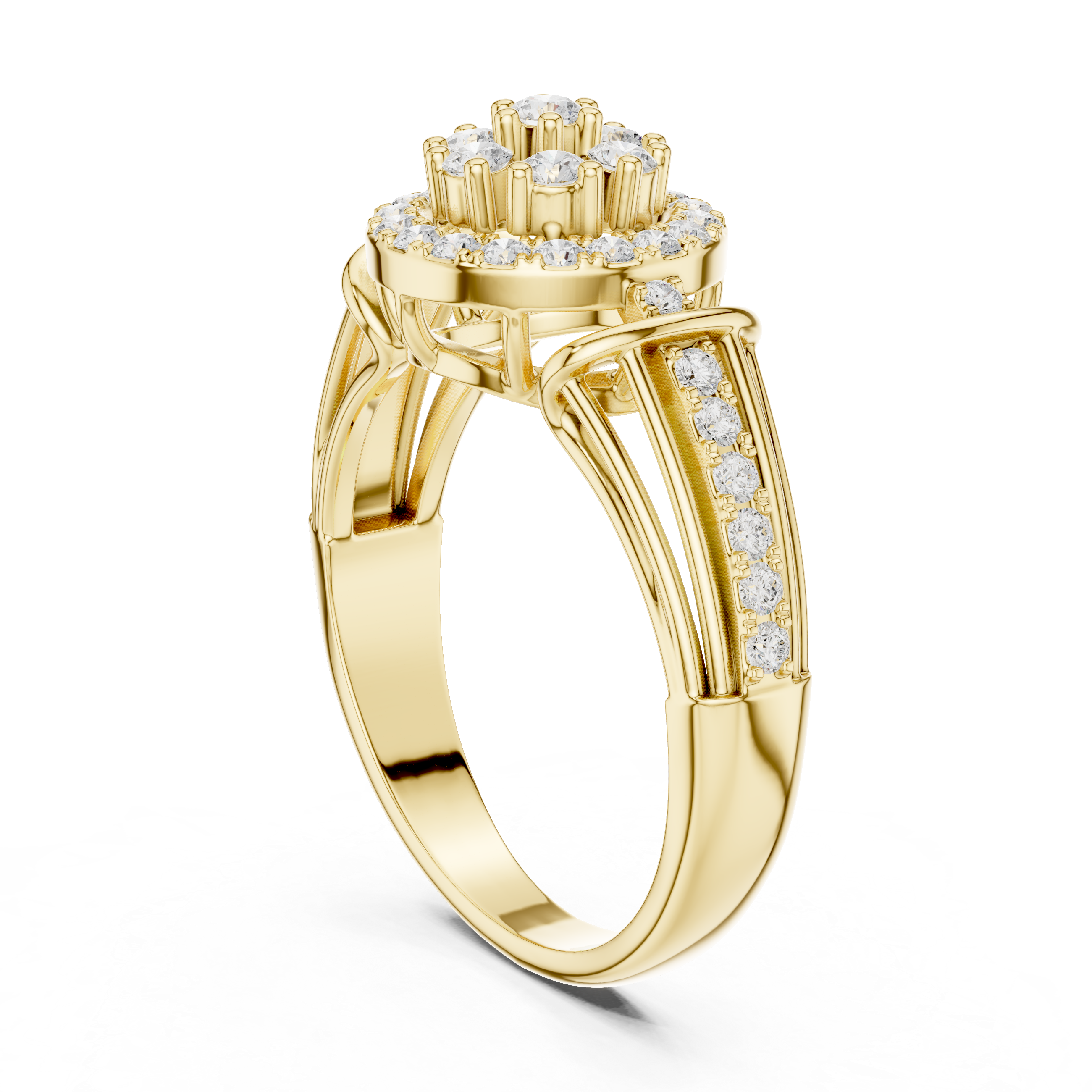 Gold ring with diamond accents on a white background