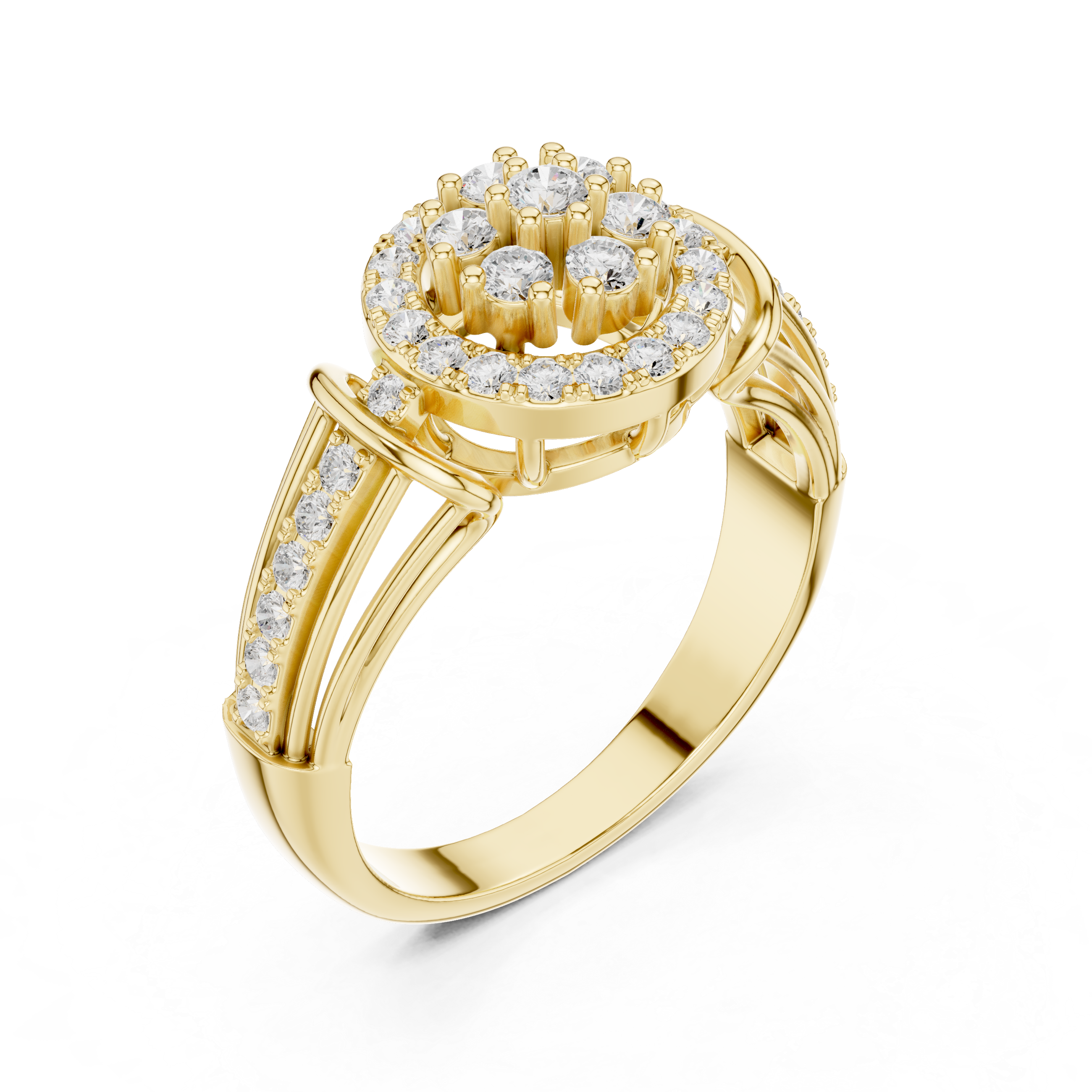Gold ring with diamond accents on a white background