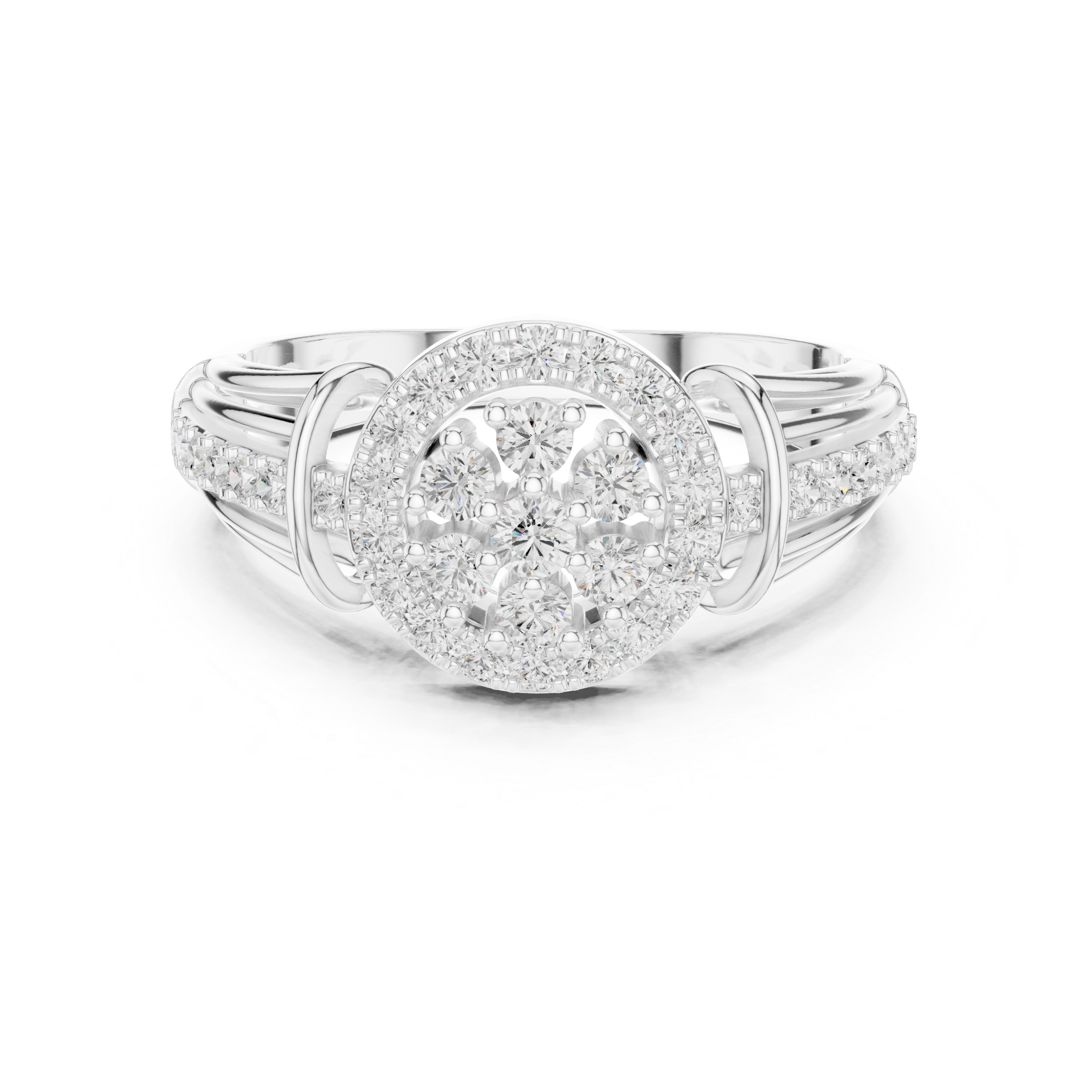 Diamond ring with a halo-style setting on a white background