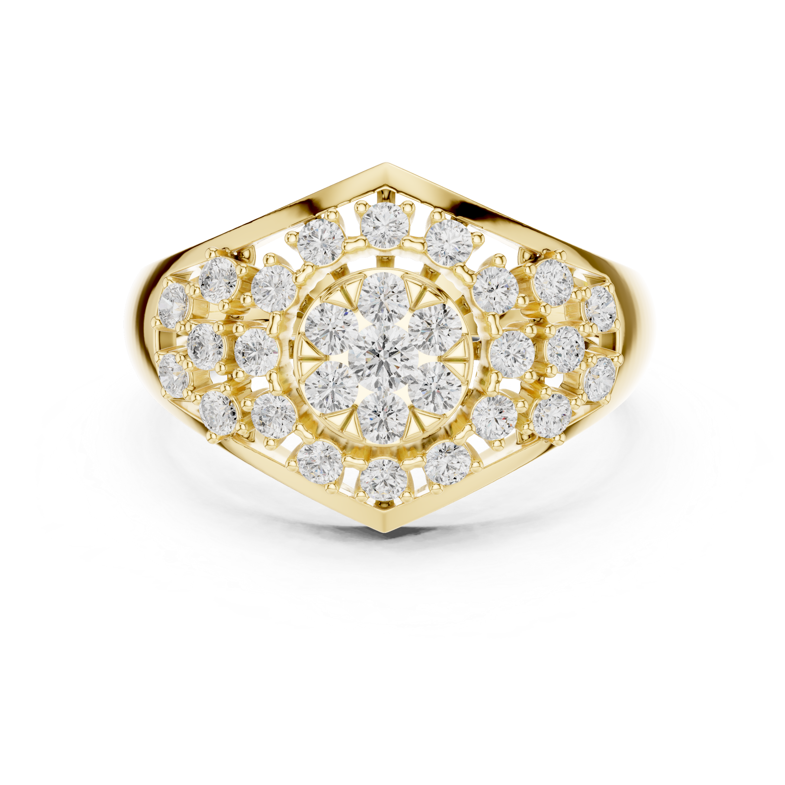 Gold ring with diamond accents on a white background