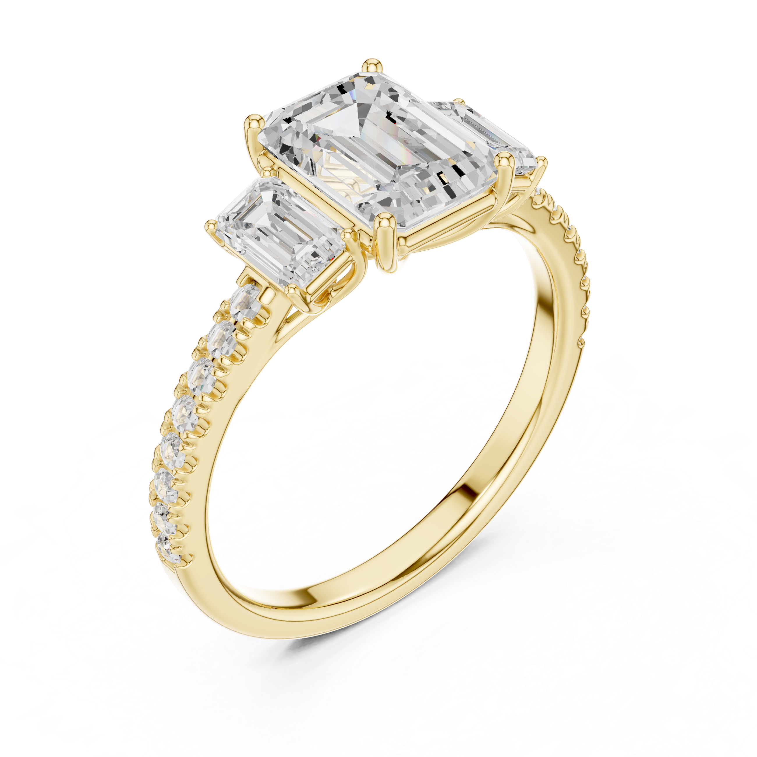 Gold ring with emerald-cut diamonds on a white background