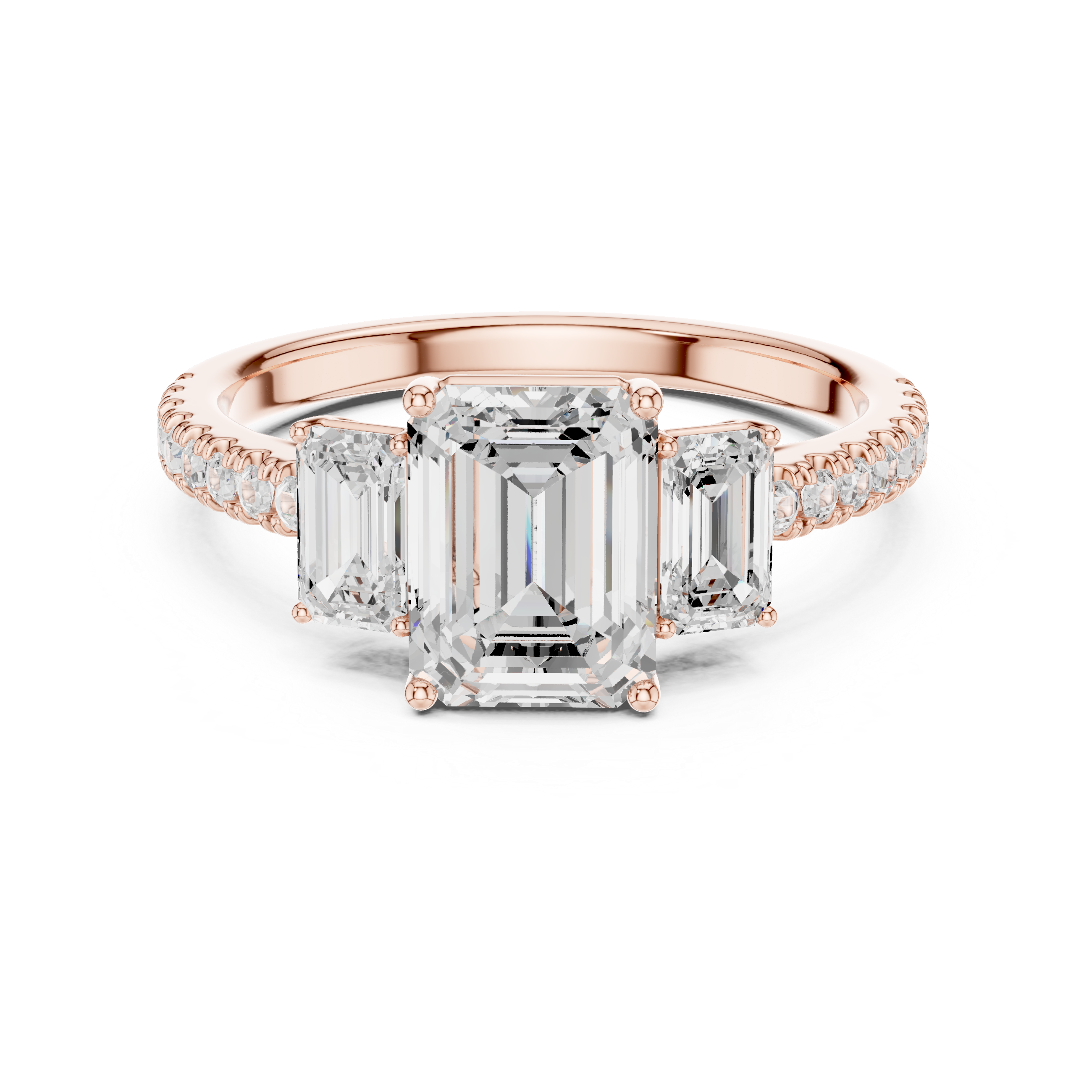 Rose gold ring with emerald-cut diamonds on a white background