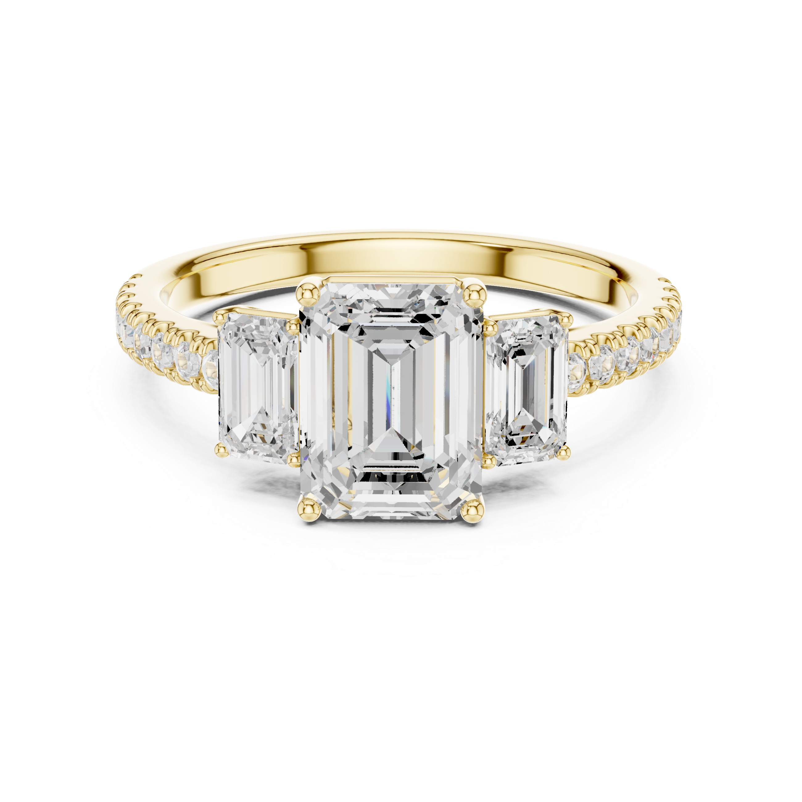 Gold ring with emerald-cut diamonds on a white background