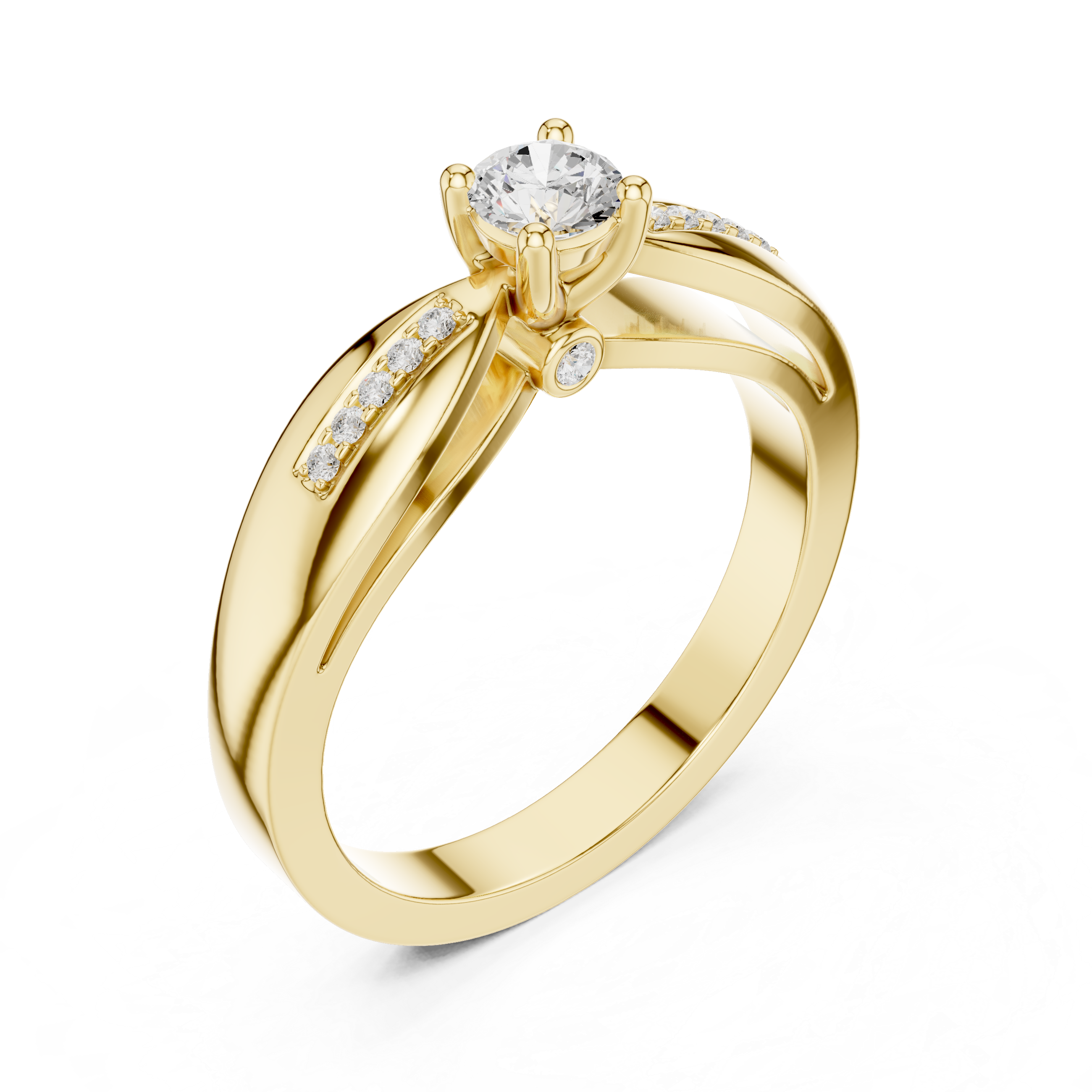 Gold ring with a diamond on a white background
