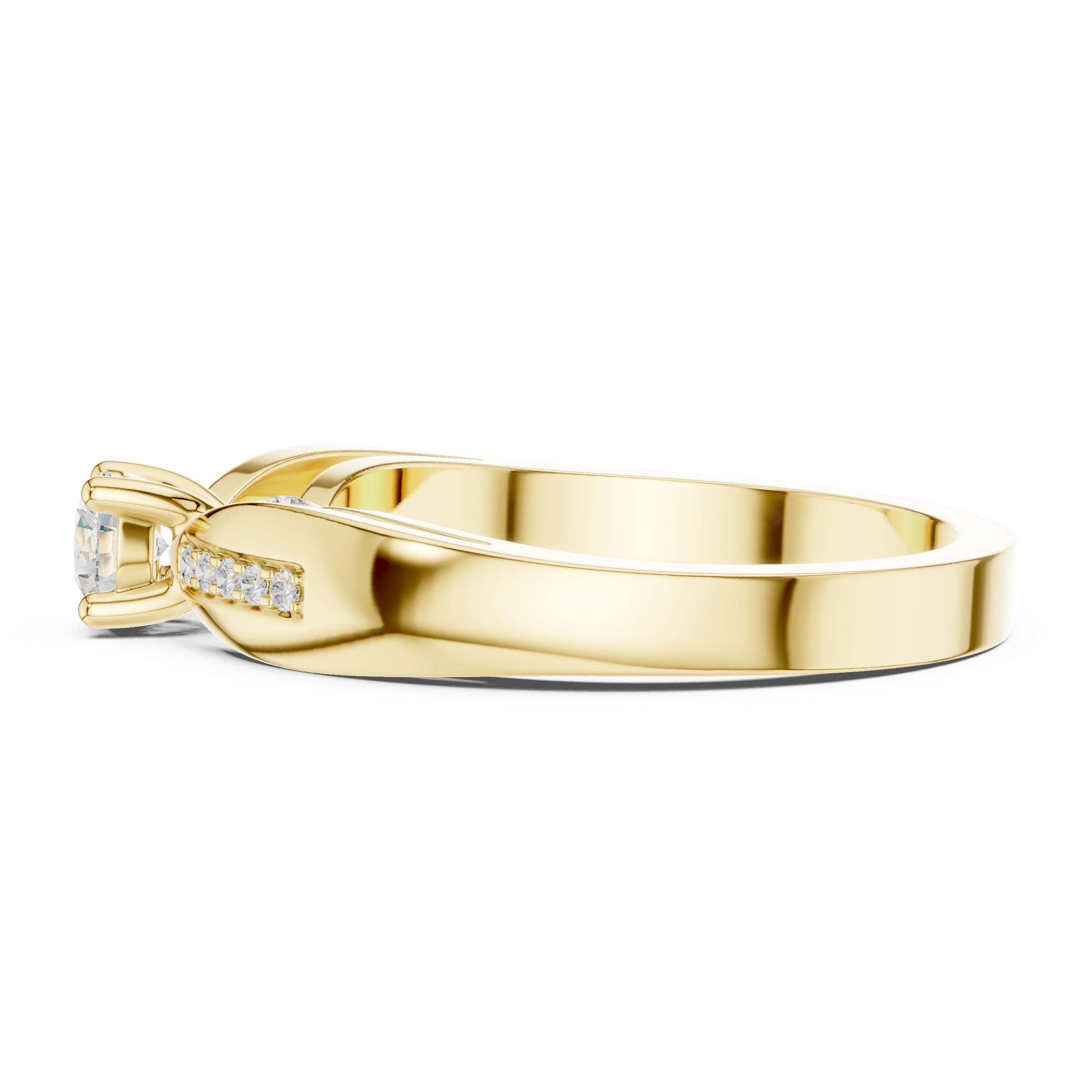 Gold ring with diamond accents on a white background
