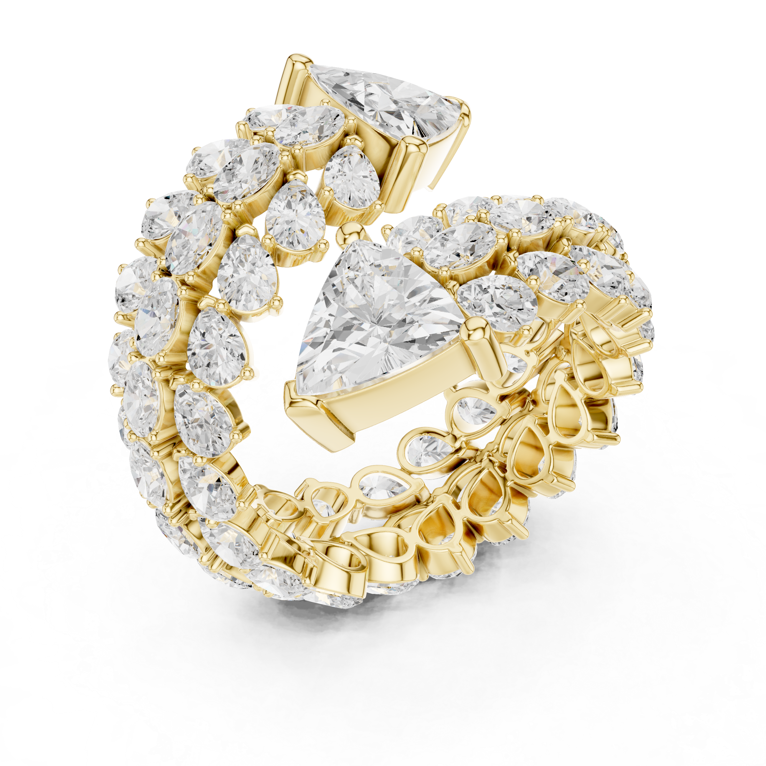 Gold ring with heart-shaped diamond and pear-shaped gemstones on a white background