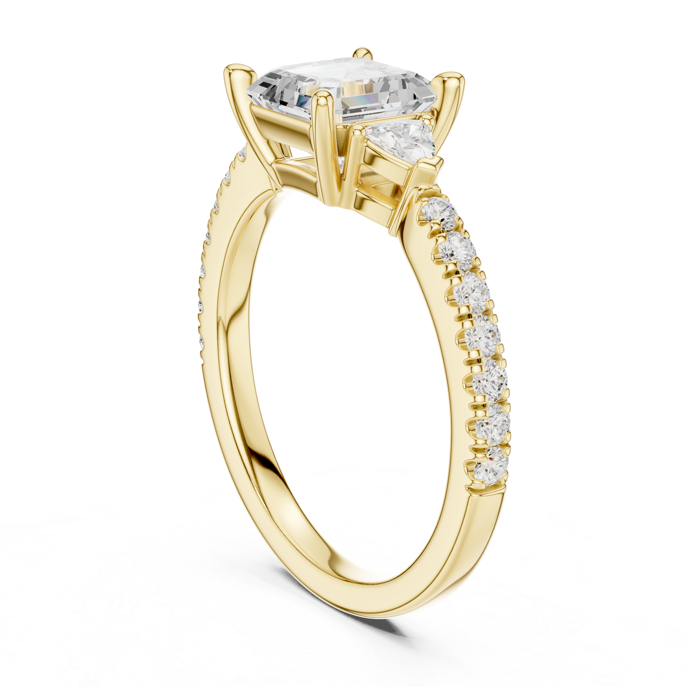 Gold ring with a large diamond and smaller diamonds on the band against a white background