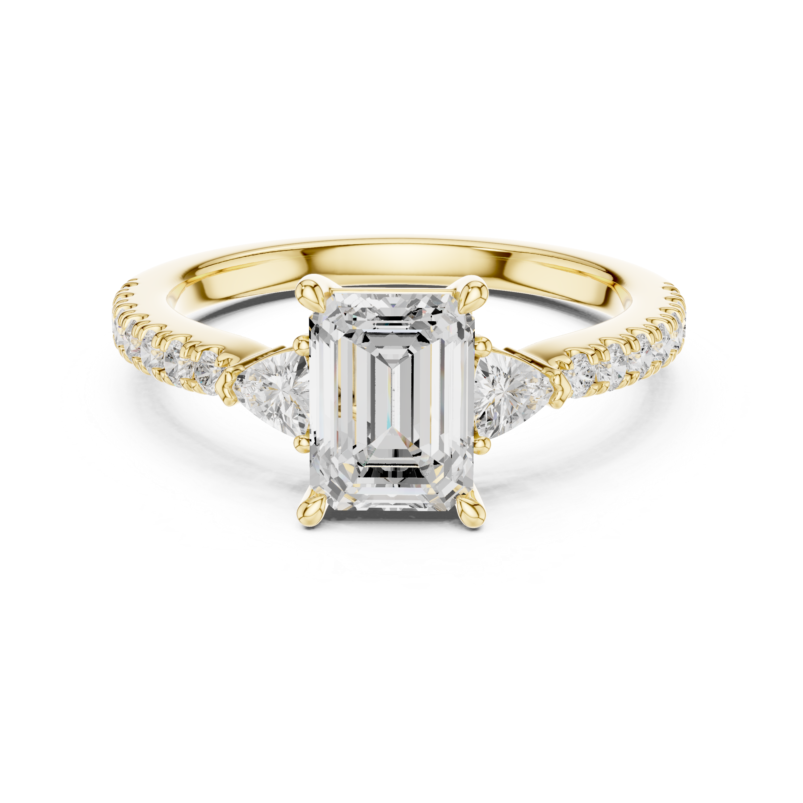Gold ring with emerald-cut diamond and smaller diamonds on a white background
