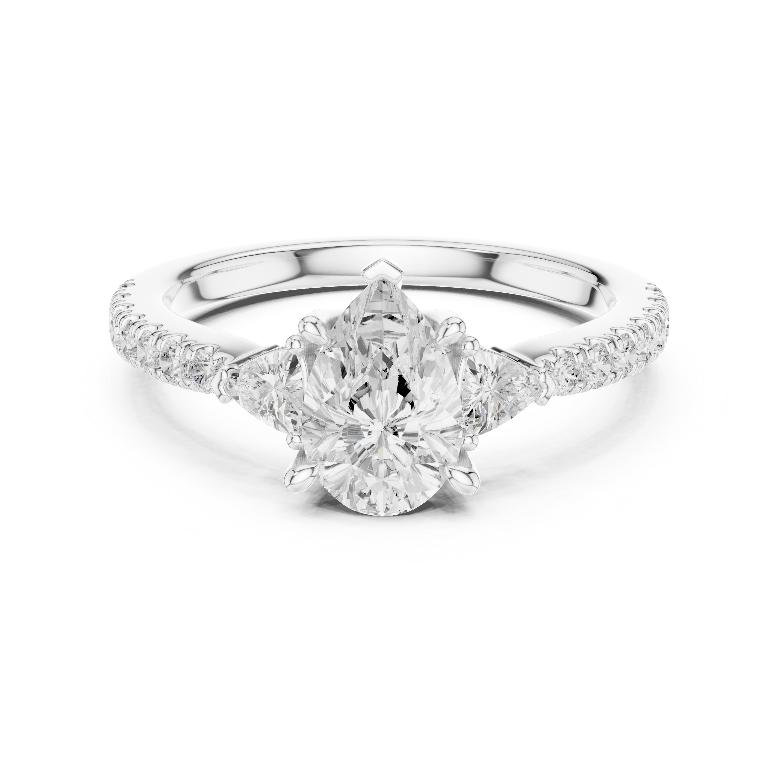 Diamond ring with emerald-cut center stone on a white background