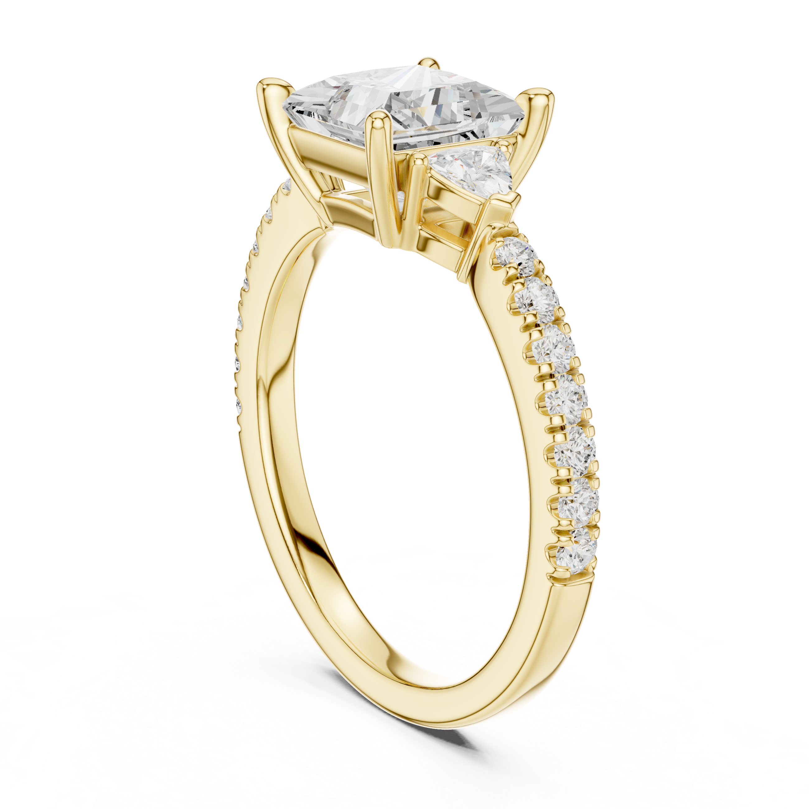 Gold ring with a large diamond and smaller diamonds on the band against a white background